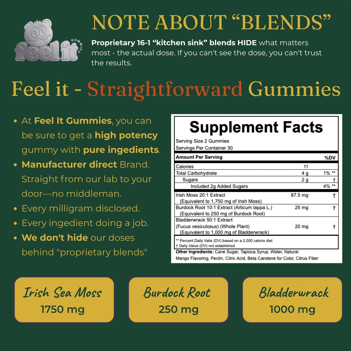 feel it GUMMIES High Potency Irish Sea Moss Gummies – 1750mg Raw Wildcrafted Irish Sea Moss with Bladderwrack & Burdock Root – Thyroid, Immune, Detox & Energy, 60 Gummies