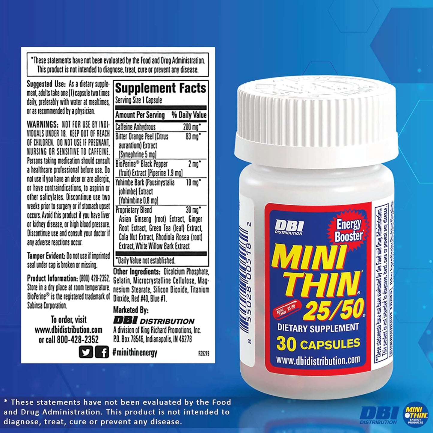 Mini Thin 25/50 Energy Capsules Formulated with Caffeine, 30 Capsules