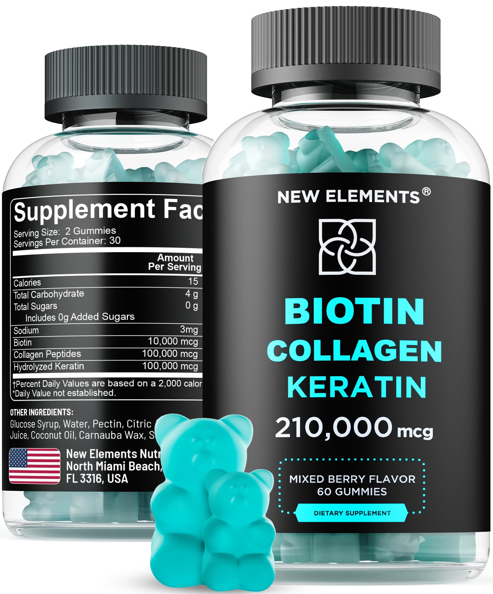 New Elements Biotin Gummies with Keratin & Collagen Peptides 60 Count