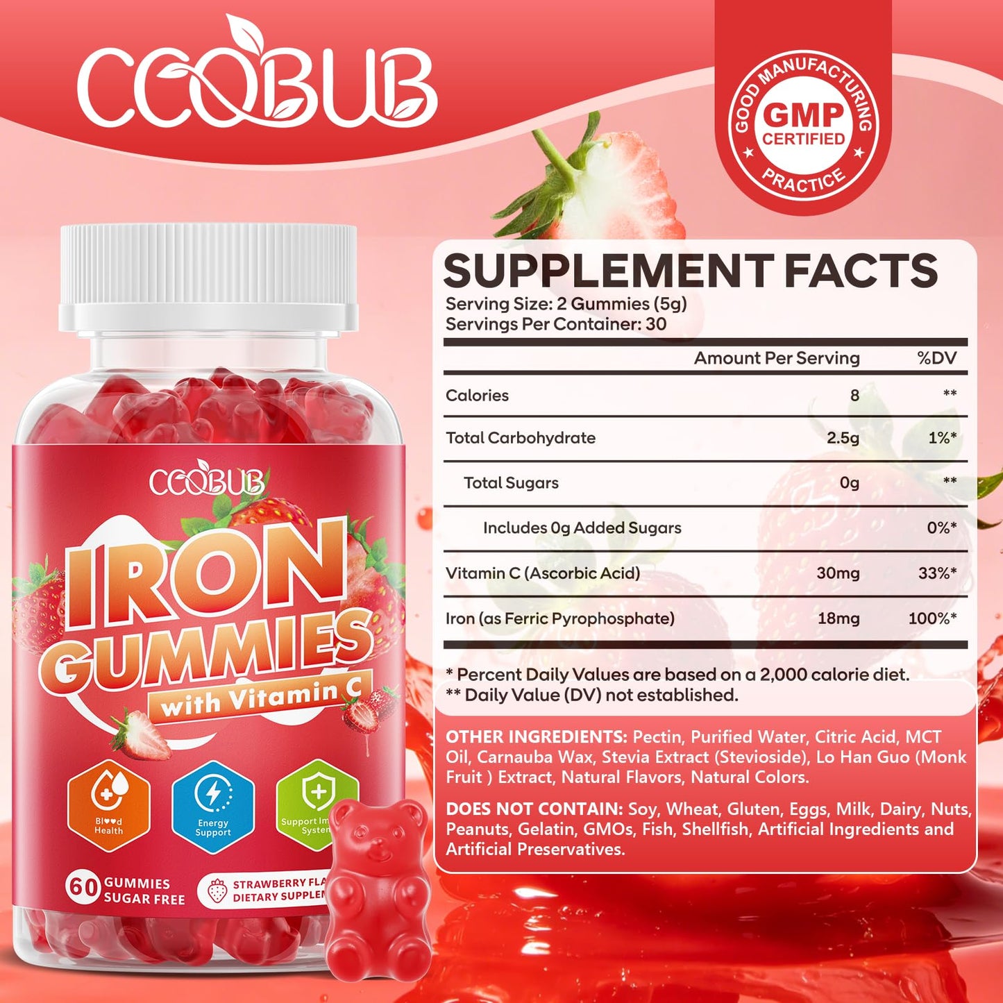 CCOBUB Iron Gummies with Vitamin C Gummy, 60 Count