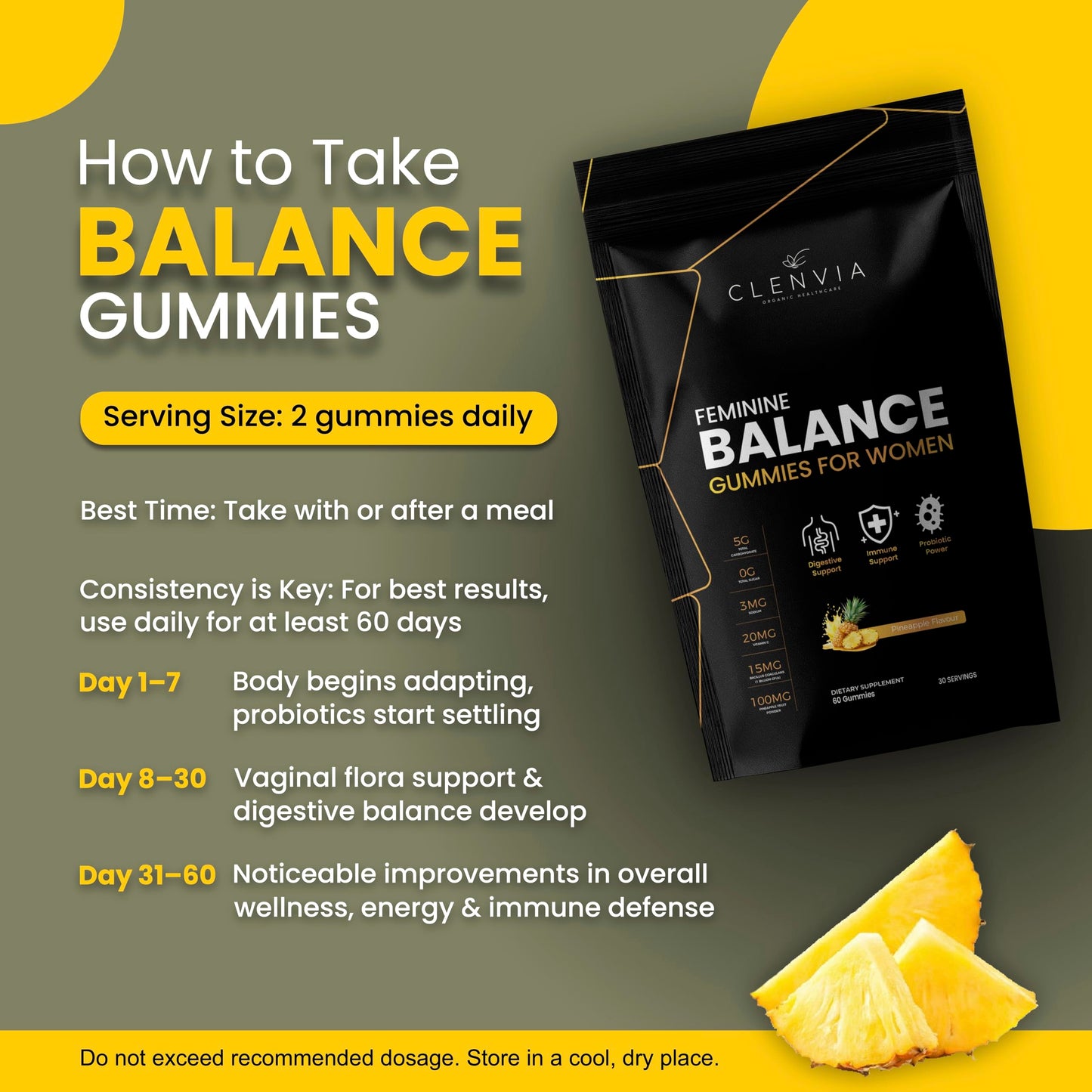 CLENVIA Premium Feminine Balance Gummies for Women – Probiotic with Vitamin C – Pineapple Flavor, 60 Gummies