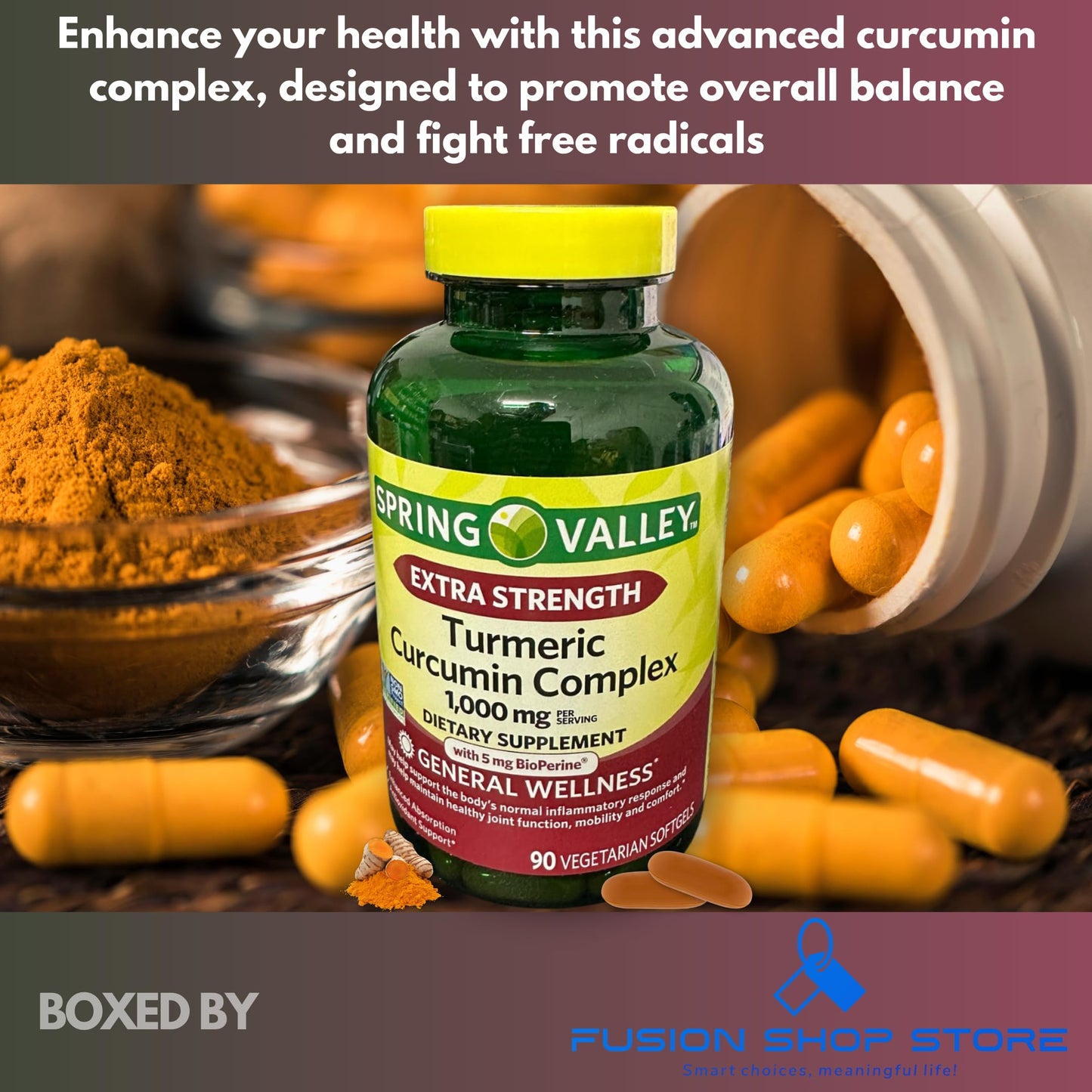 Fusion Shop Store Turmeric Curcumin 1000 mg Complex Extra Strength Softgels 90 Count