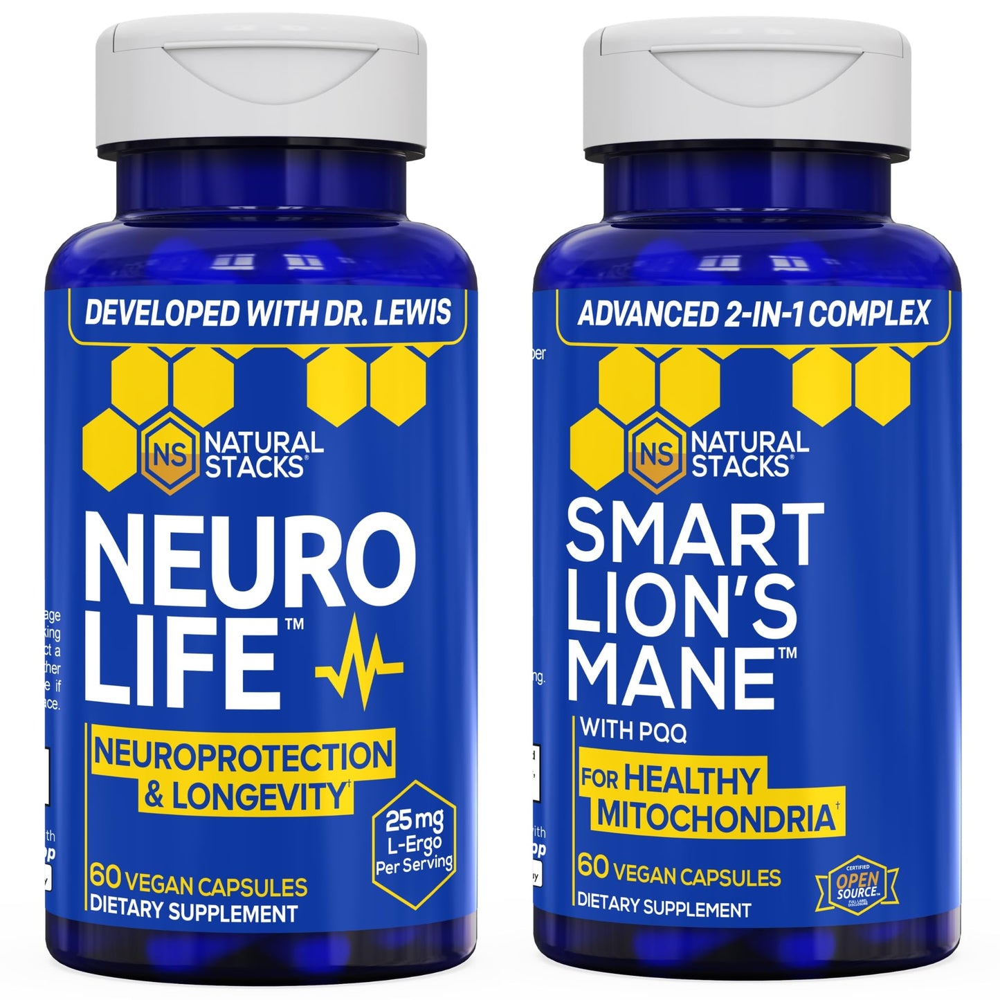 NATURAL STACKS Smart Lions Mane Mushroom + NeuroLife Supplement Bundle Capsules, 120