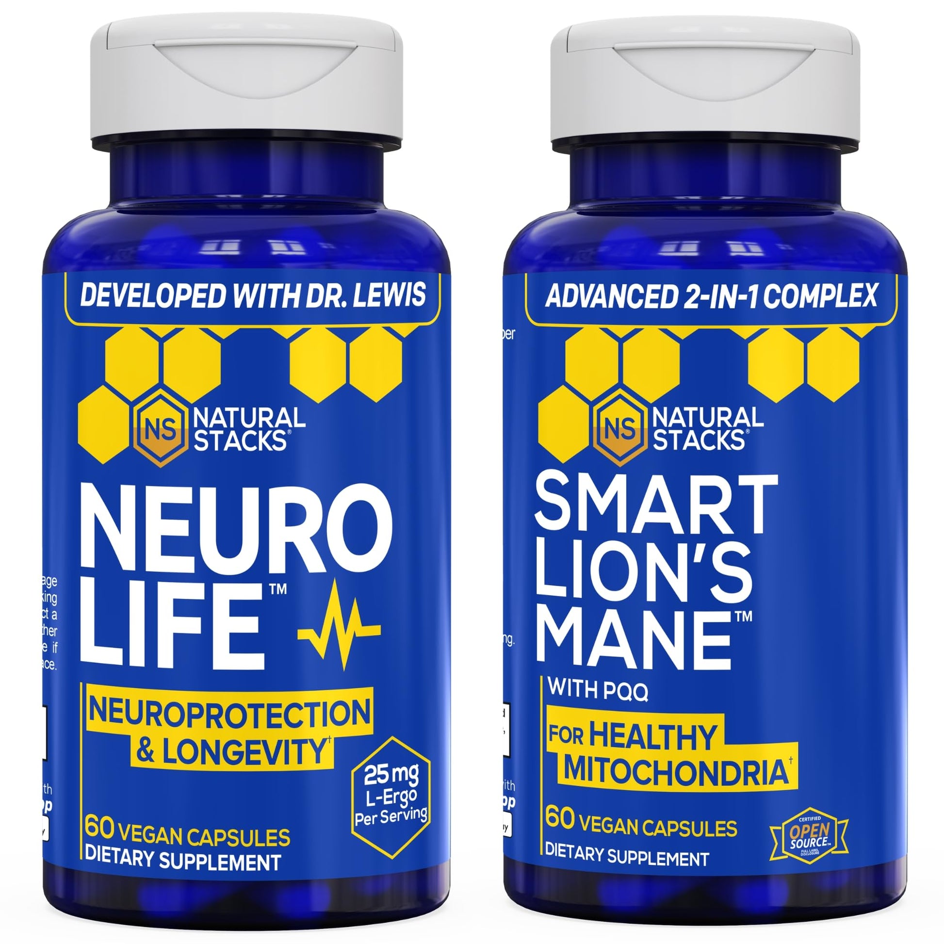 NATURAL STACKS Smart Lions Mane Mushroom + NeuroLife Supplement Bundle Capsules, 120