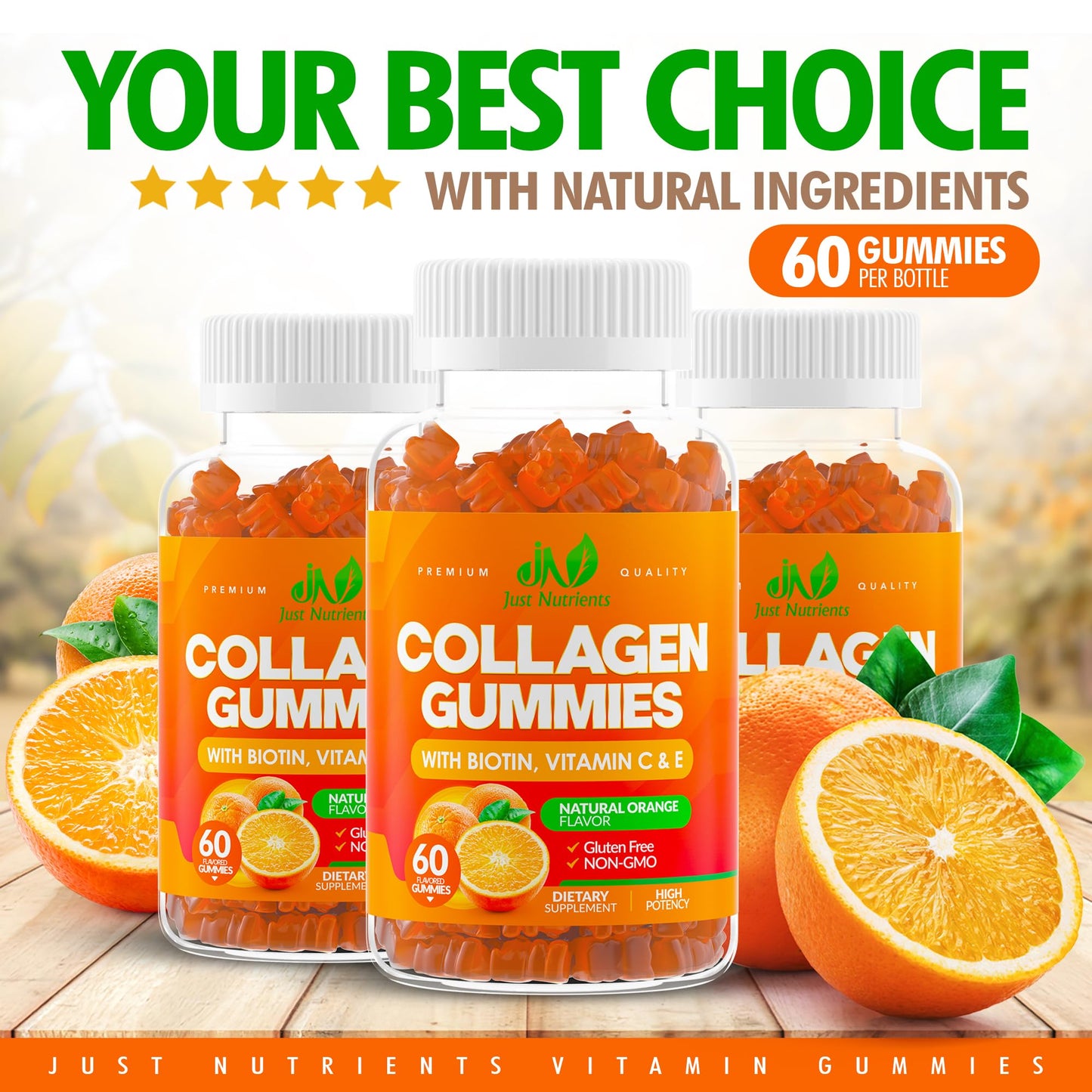 Just Nutrients Collagen Peptides Gummies with Biotin, Vitamin C & E for Women & Men - Premium Hydrolyzed Collagen Type I & III for Hair, Skin & Nails Support, 60 Gummies