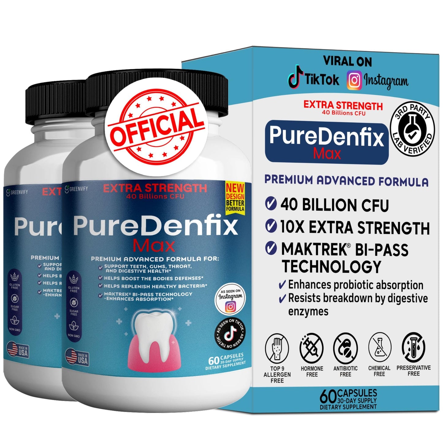 PureDenfix Max Extra Strength Probiotic Supplement with 40 Billion CFU, 120 Capsules