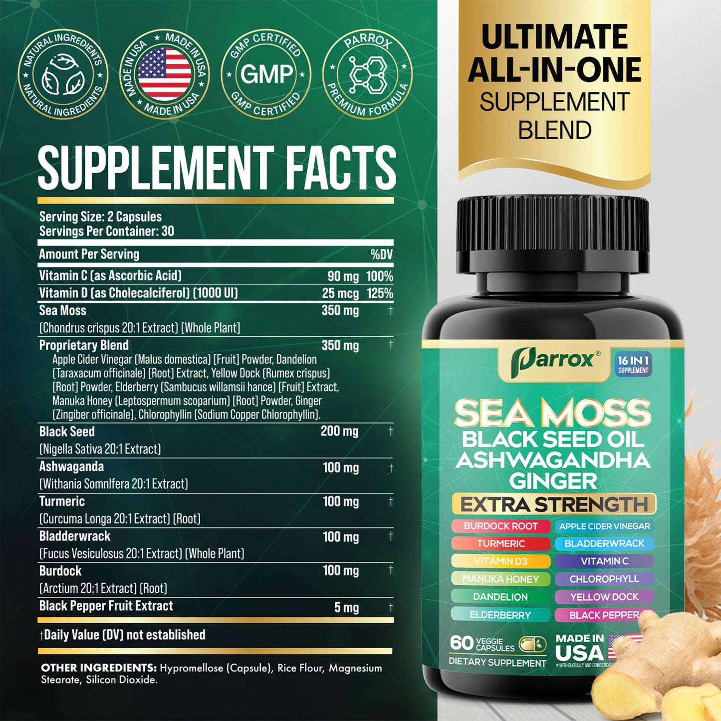 Parrox Sea Moss Black Seed Oil Supplement 16-in-1 Ashwagandha Turmeric Capsules 60