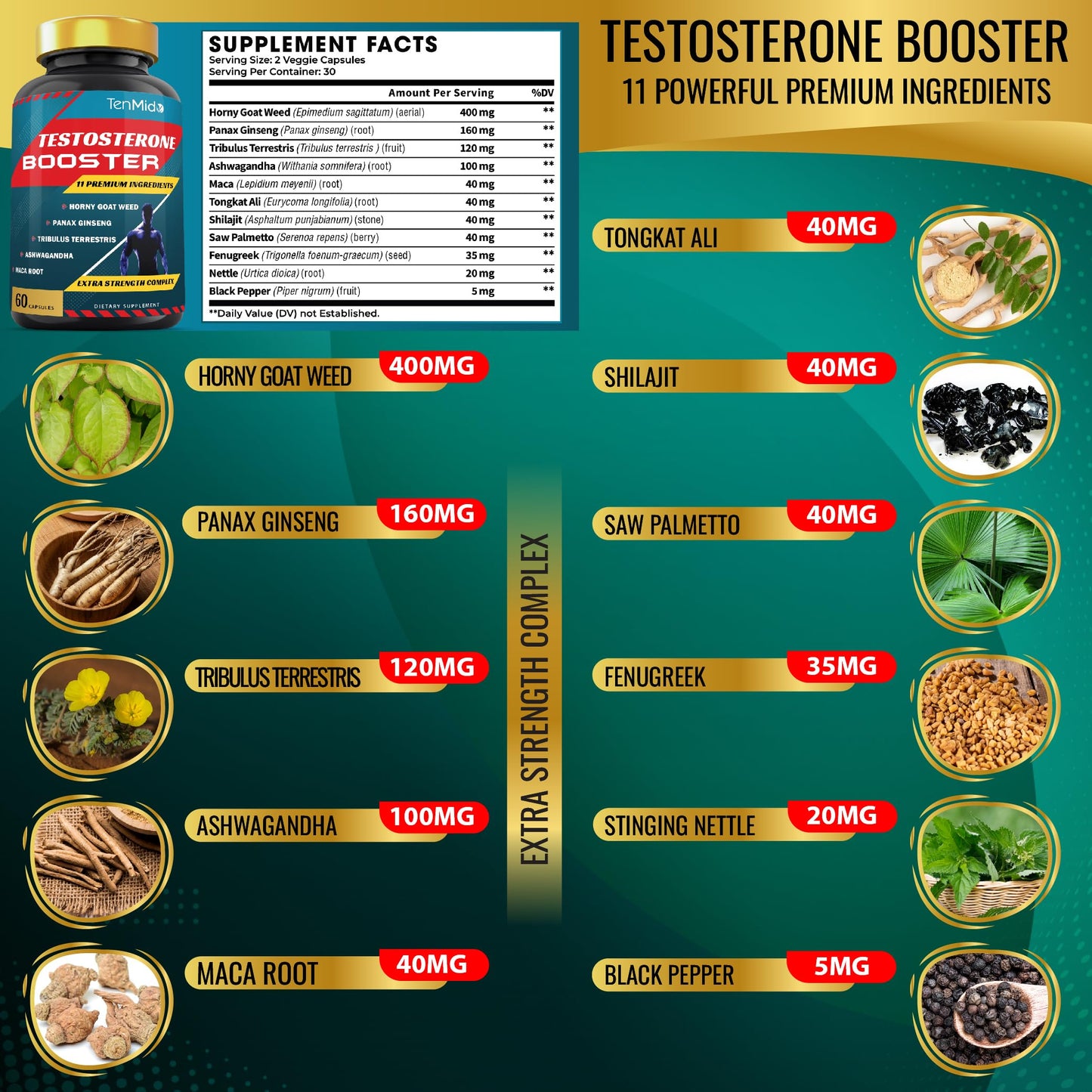Tenmido Testosterone Booster for Men Capsules, 60 Count