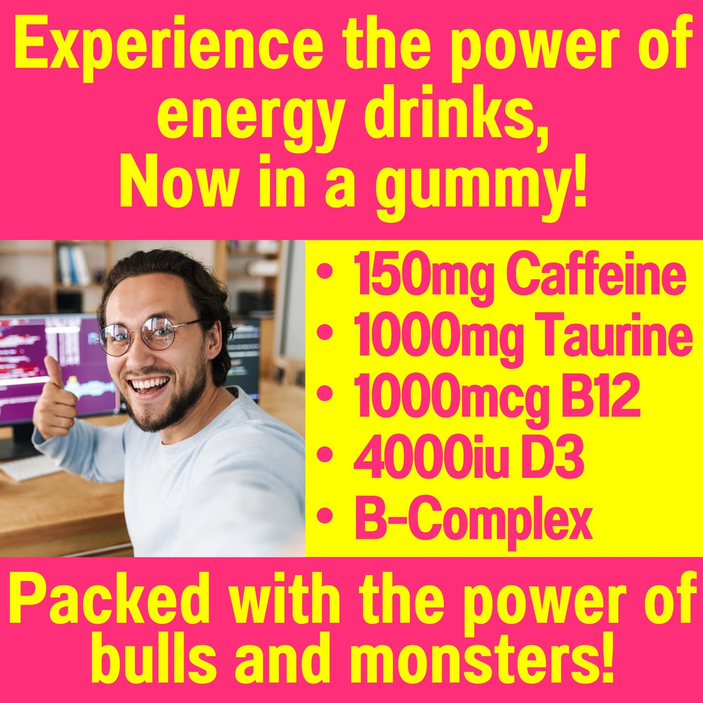 SHIZAM Taurine Energy Gummies with Caffeine 150mg, Vitamin D3, Vitamin B12, B-Complex, Inositol, 60 Count