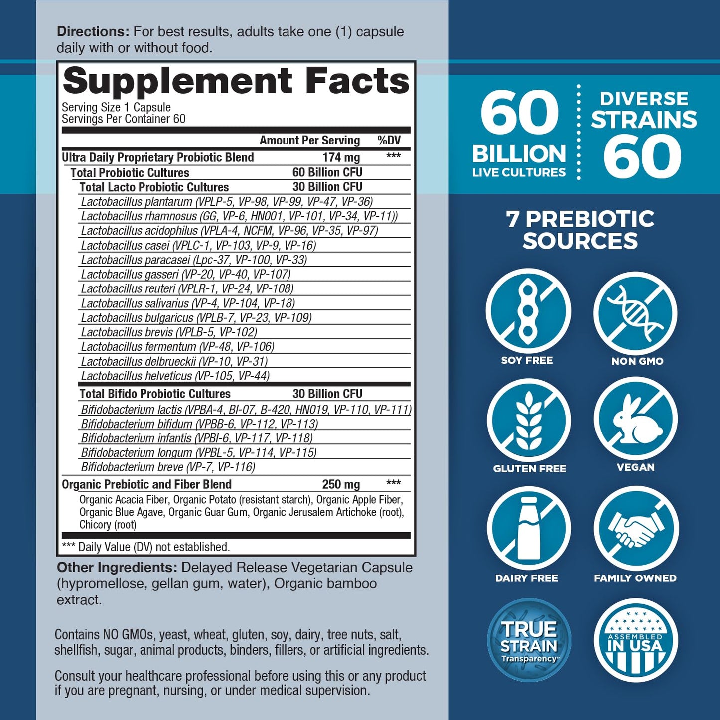 Vital Planet Vital Flora Ultra Daily Probiotic 60 Billion CFU, Diverse Strains, Organic Prebiotics, Immune Support, 60 Capsules
