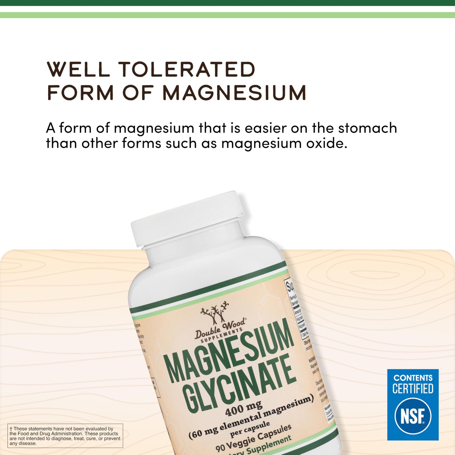 Double Wood Supplements Magnesium Glycinate 400mg for Relaxation, Recovery + Mood, 90 Capsules