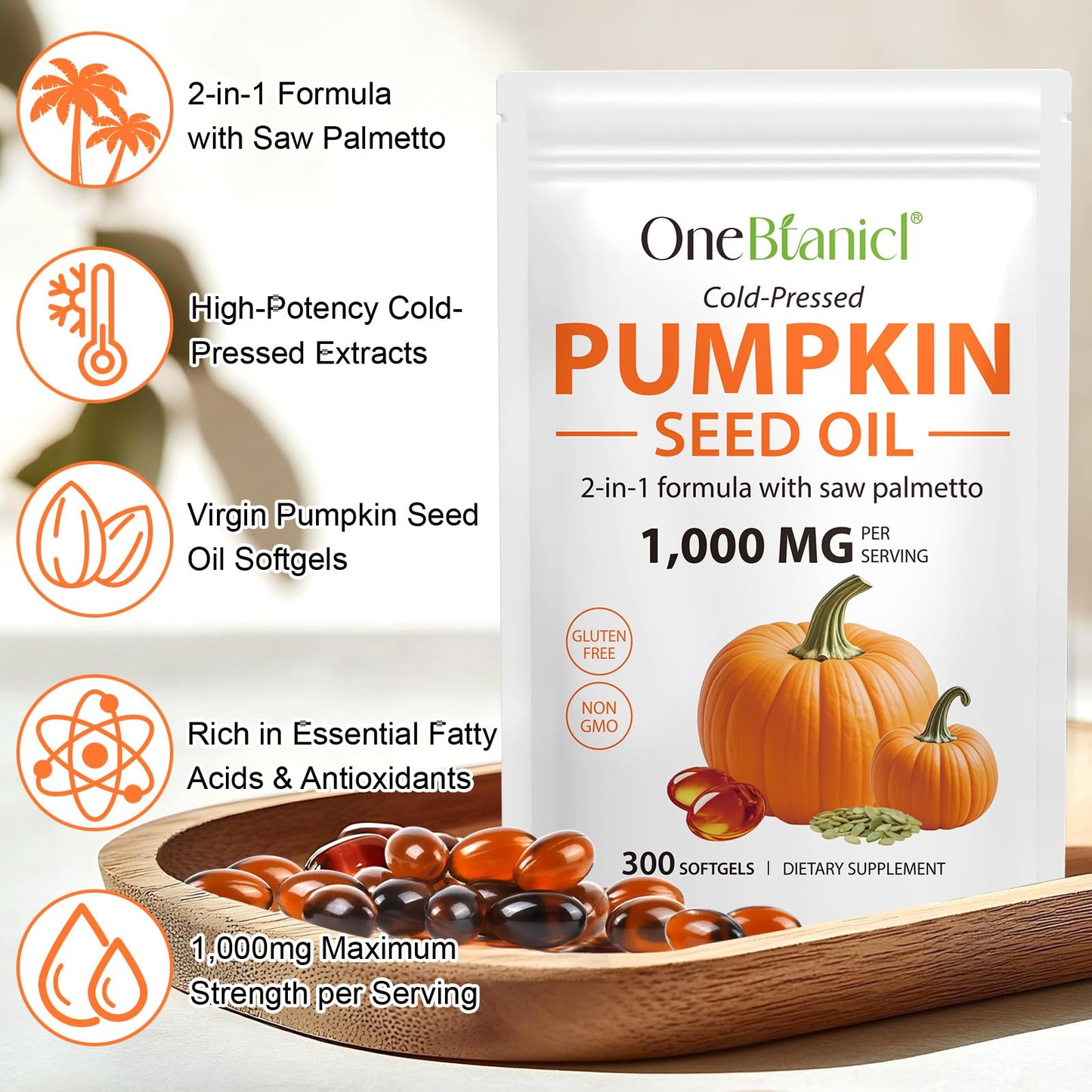 Akeeronn Pumpkin Seed Oil Capsules with Saw Palmetto, 300 Capsules