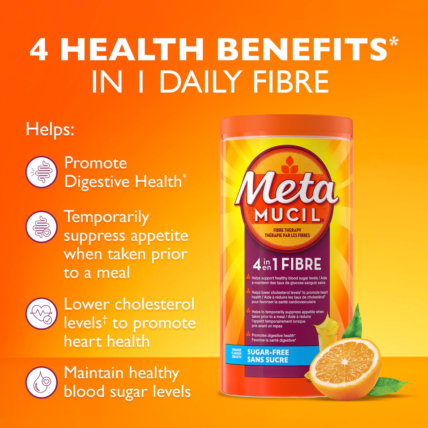 Metamucil Fiber Therapy 3 in 1 multihealth Fiber Orange Flavor Sugar Free Powder, 46.8 oz