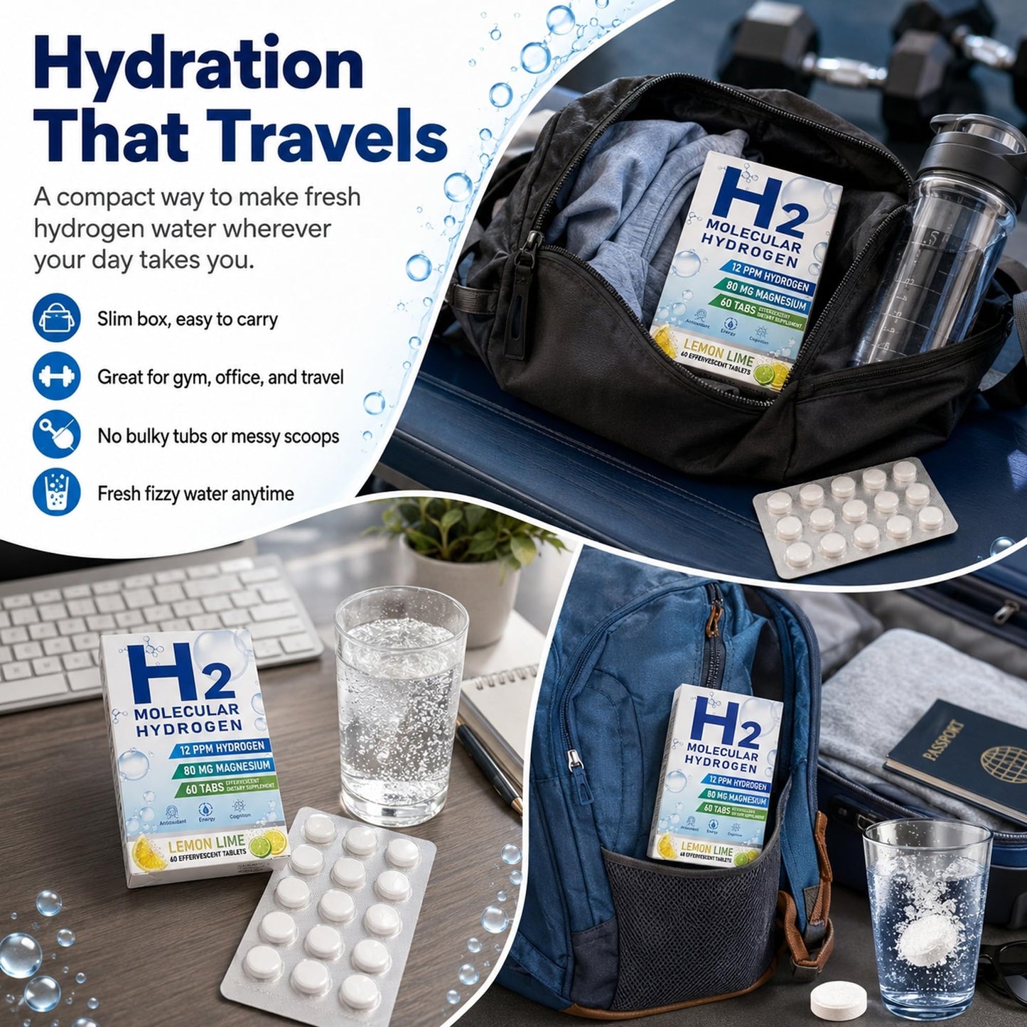 Crobirware Molecular Hydrogen Water Tablets 12 PPM H2 Supplement with Magnesium, Lemon Lime Flavour, Fast-Dissolving for Water, Hydration, Energy & Recovery Support, 60 Tablets