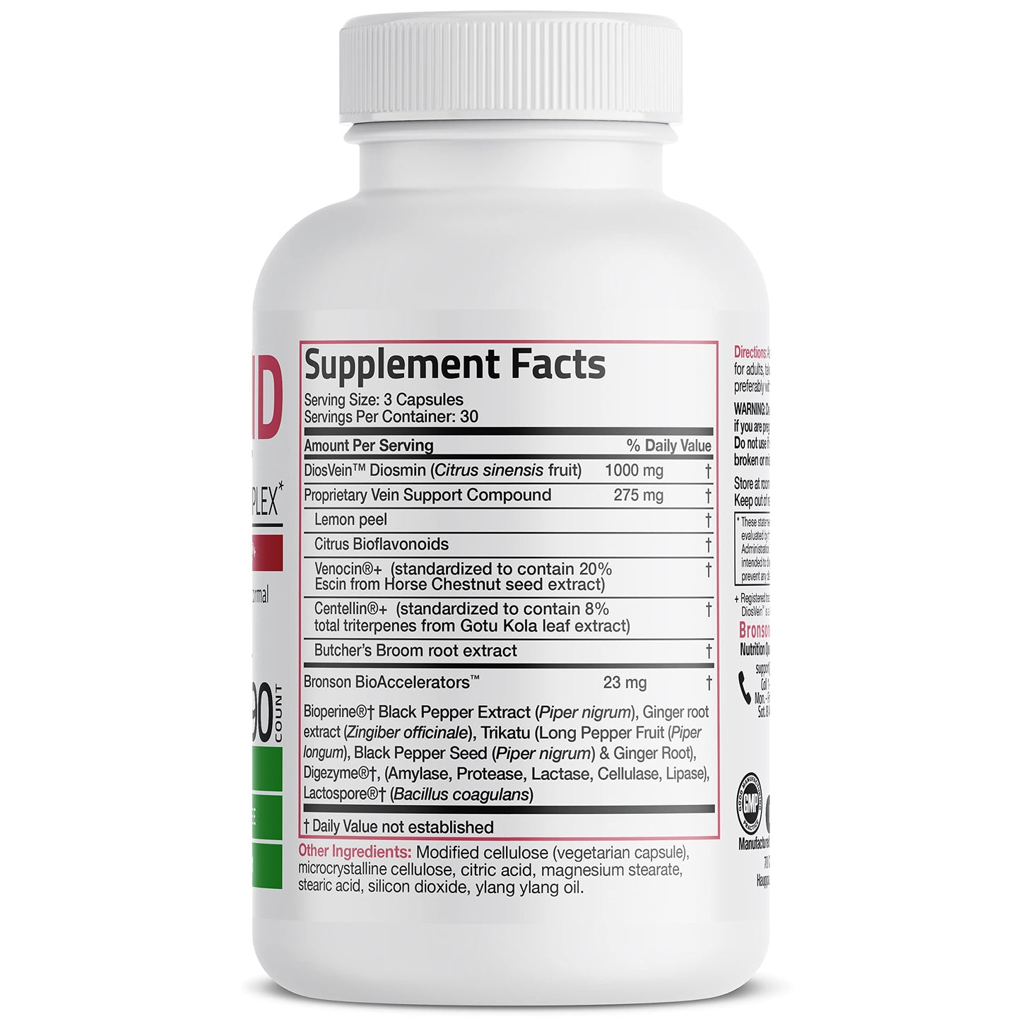 Bronson VeinAid Diosmin 1000mg DiosVein Varicose Vein Complex with Venocin & Centellin Capsules, 90