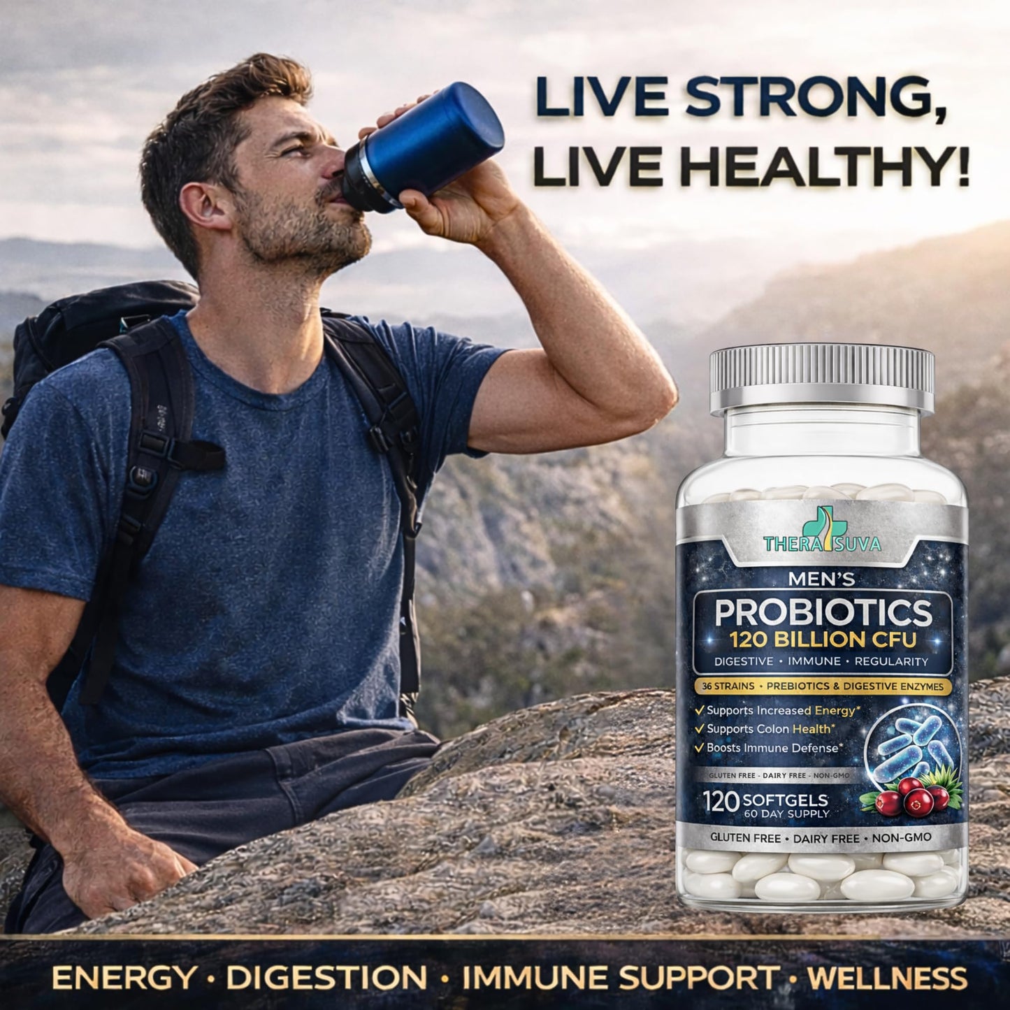 TheraSuva Men's Advanced Probiotics 120 Billion CFU - 36 Strains + Prebiotics, Enzymes & Veggie Blend for Gut, Immune & Colon Health, 120 Softgels