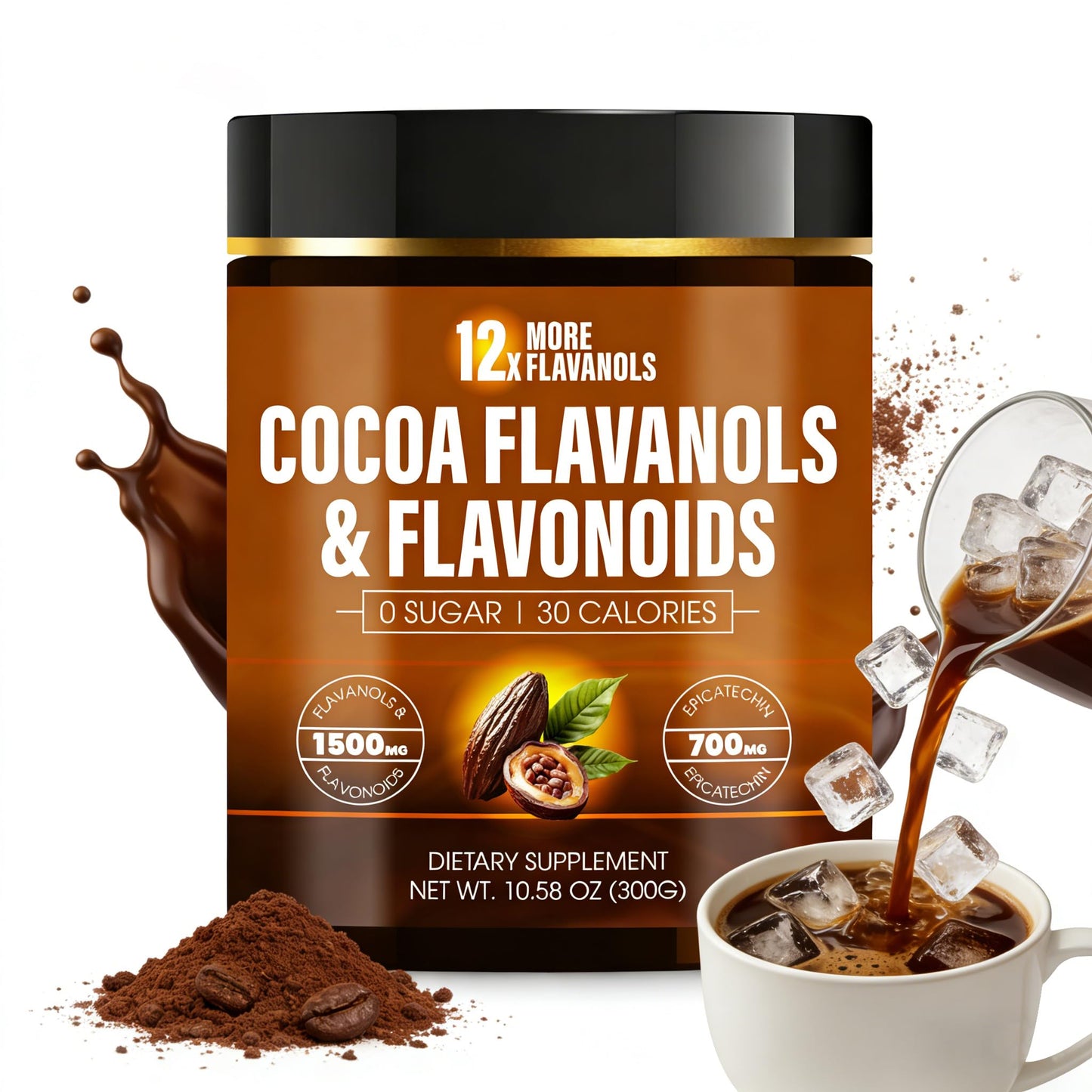 Hochornk High Flavanol Cocoa Powder - 1500mg Per Serving with Cocoa Flavanols & Flavonoids, 700mg Epicatechin, Boosts Circulation, Nitric Oxide, Energy and Heart Health, 300 g