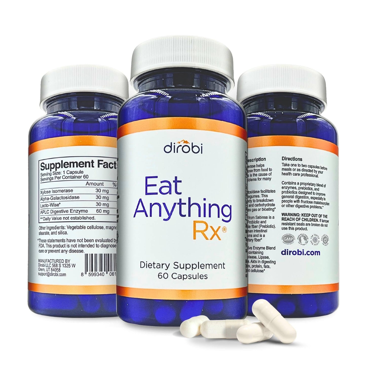 Dirobi Eat Anything Xylose Isomerase Fructose Malabsorption Enzymes FODMAP Digestive Enzymes Capsules, 60
