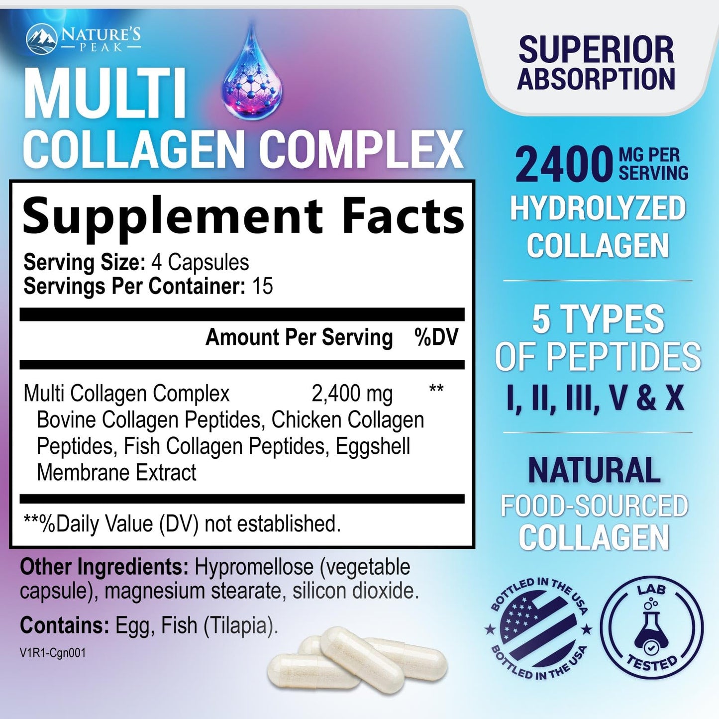 Nature's Peak Multi Collagen Peptides Supplement for Hair, Nail, Skin - Type I, II, III, V, X - Non-GMO, 60 Capsules