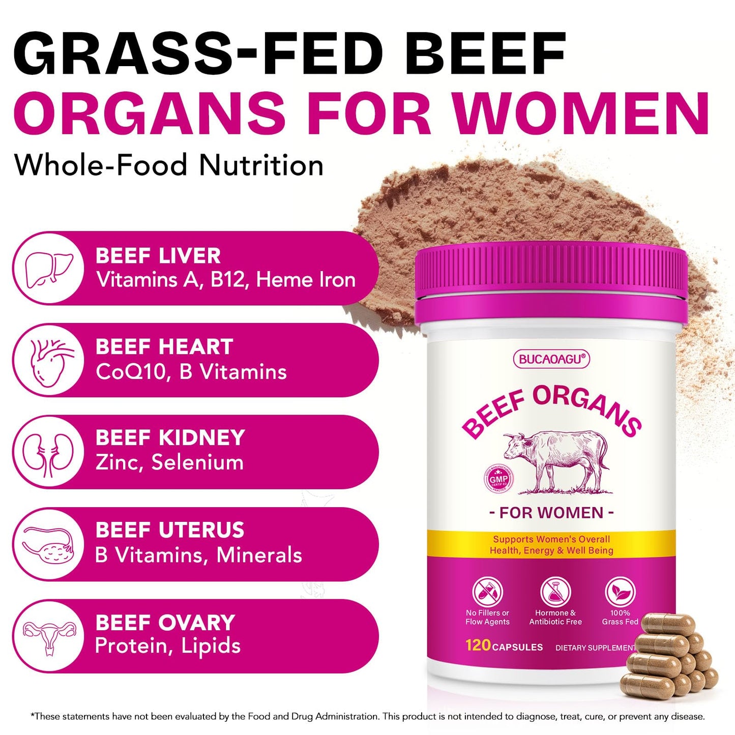BUCAOAGU Beef Organ Supplement for Women 120 Capsules