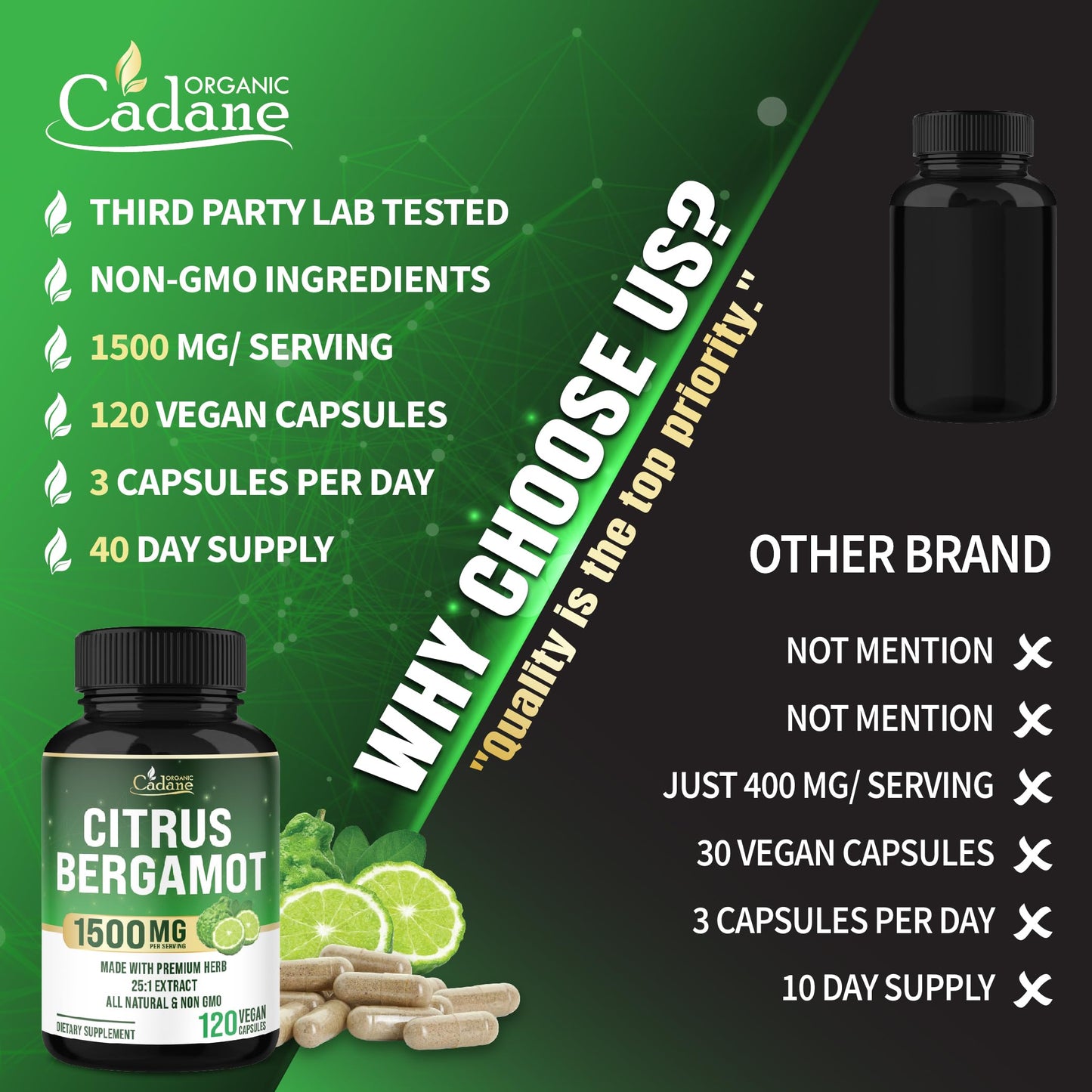 Organic Cadane Citrus Bergamot Supplement 120 Capsules