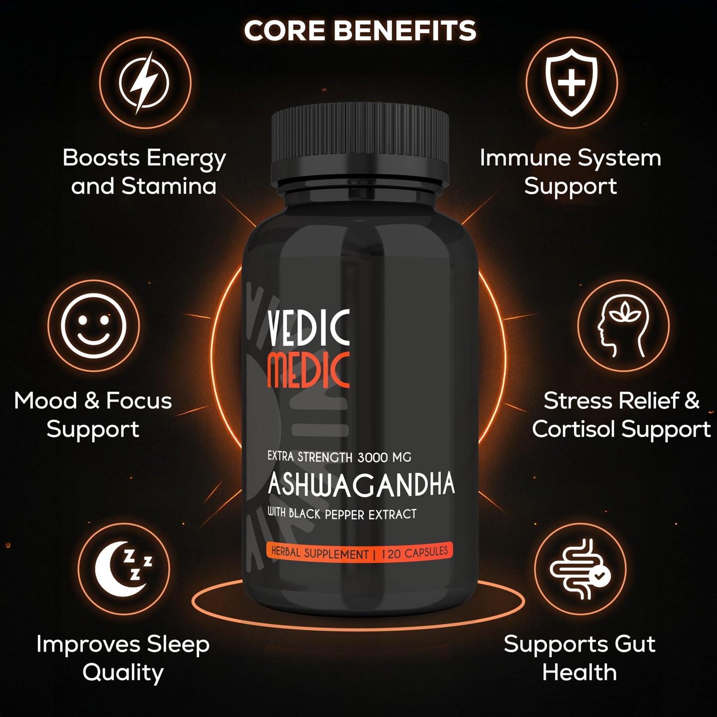 The Vedic Medic Organic Ashwagandha Capsules Extra Strength 3000mg with Black Pepper Extract, Non-GMO, Vegan, Gluten Free, 120 Capsules