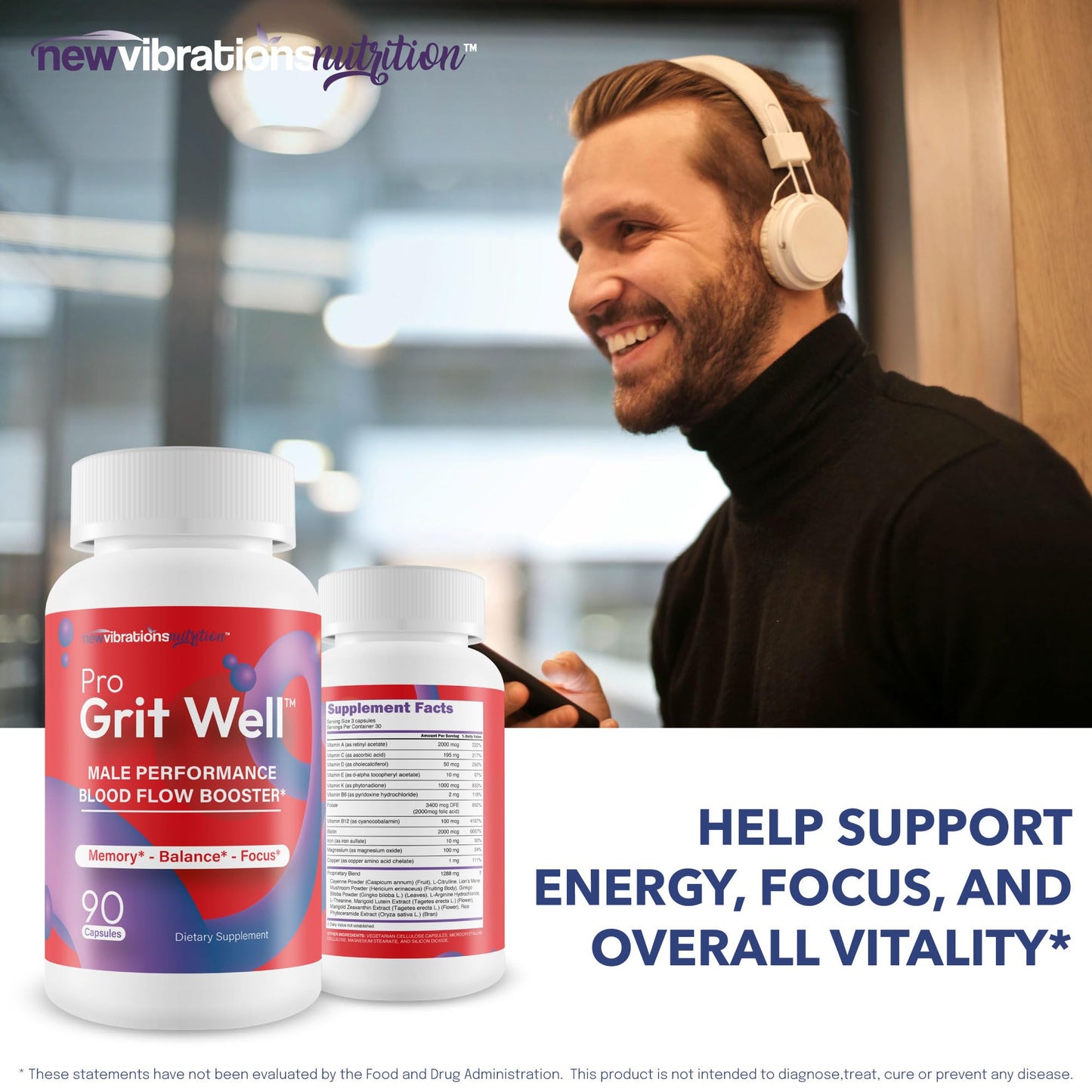 New Vibrations Nutrition Pro Grit Well Male Performance Max Blood Flow Booster Capsules 90 Count