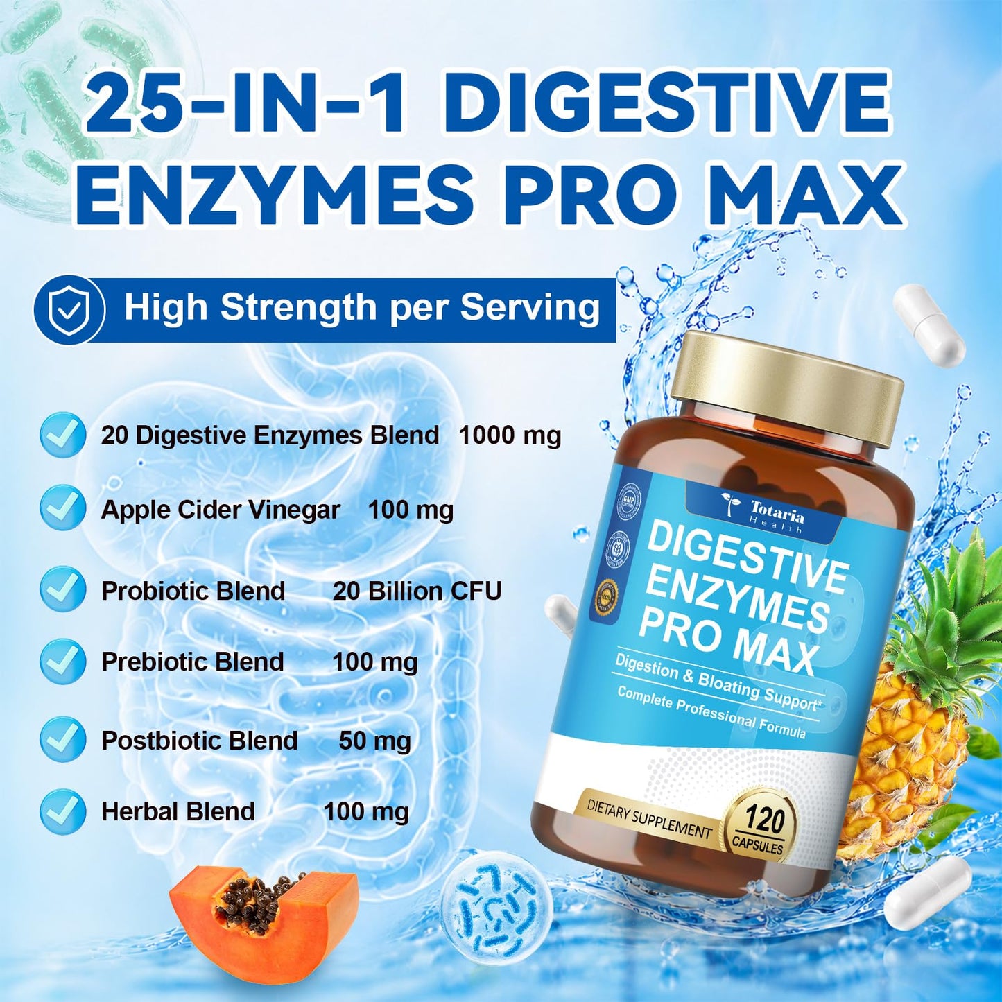 Totaria Digestive Enzymes Pro Max 1000mg, 25-in-1 with Apple Cider Vinegar, Probiotics, Prebiotics, Postbiotics, Bromelain, Papain, Lactase, Gentian, Artichoke, Ginger for Digestion, Bloating & Gut, 120 Capsules