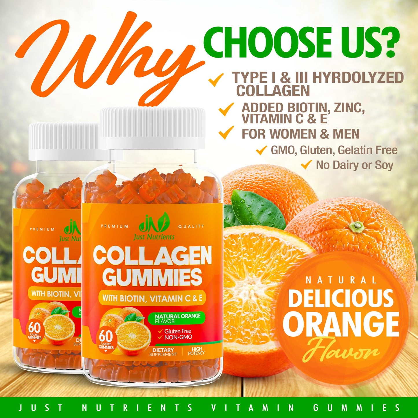 Just Nutrients Collagen Peptides Gummies with Biotin, Vitamin C & E for Women & Men - Premium Hydrolyzed Collagen Type I & III for Hair, Skin & Nails Support - Gluten-Free, Non-GMO - 60 Gummies