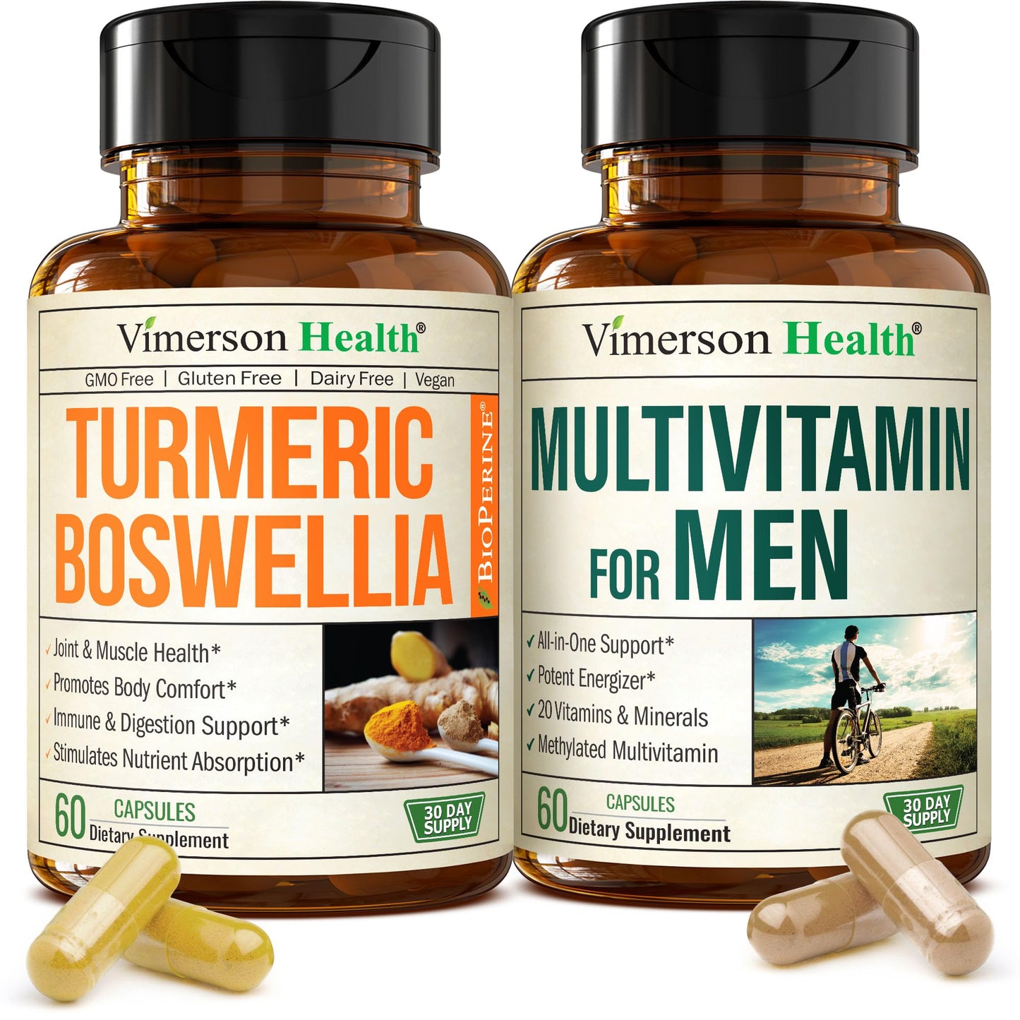 Vimerson Health Boswellia Turmeric Curcumin Supplement + Multivitamin for Men Bundle Capsule, 120 Count