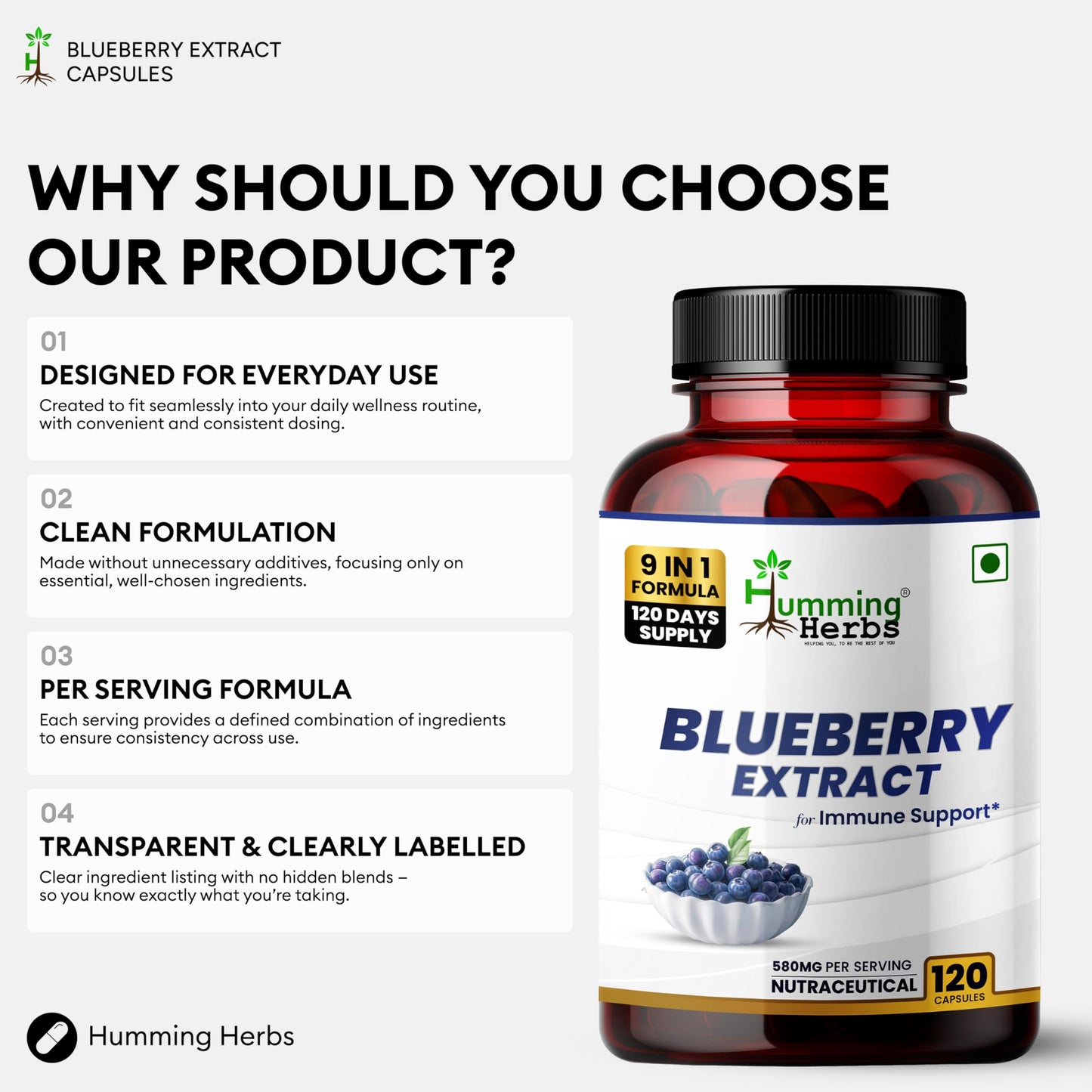Humming Herbs Blueberry & Bilberry Extract Capsules, 120 Count