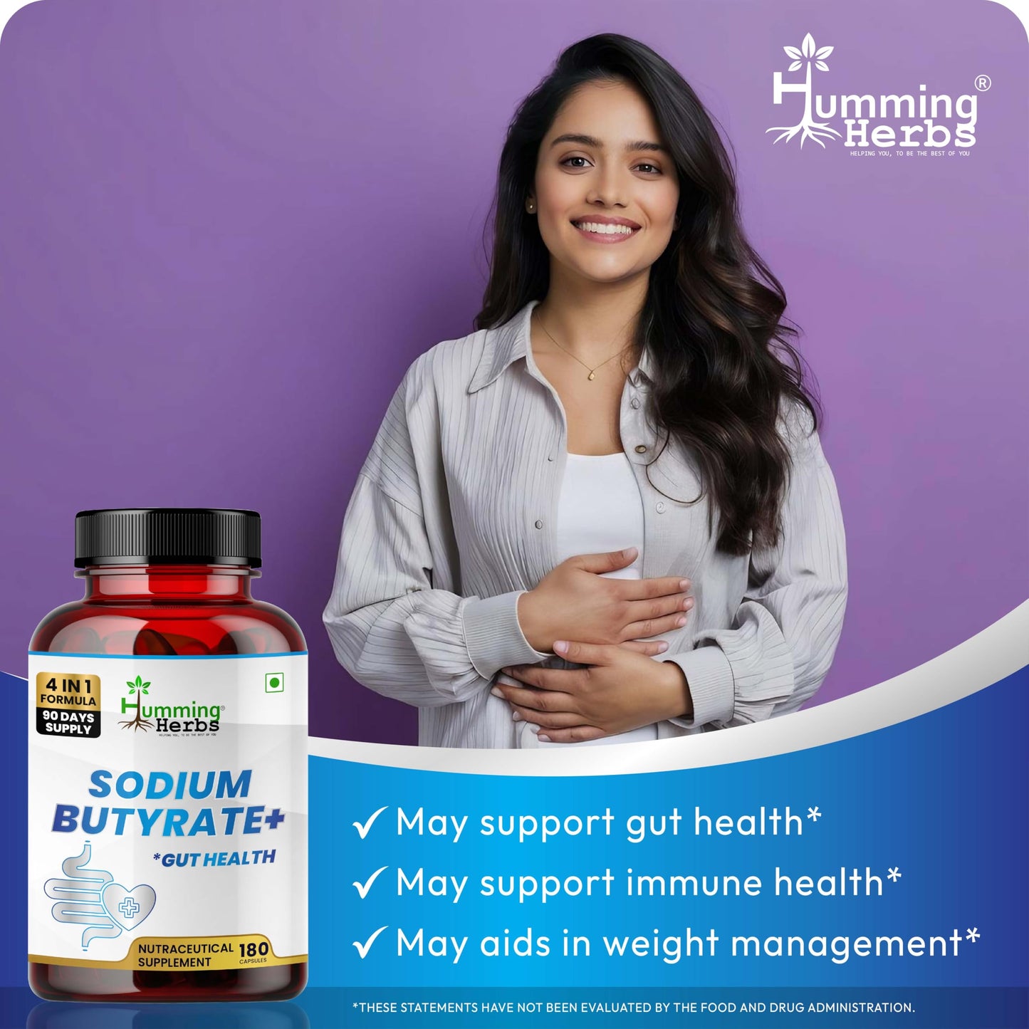 Humming Herbs Sodium Butyrate Capsules 4-in-1 Digestive Support with L-Glutamine + Prebiotic Inulin + Probiotic Blend (10 Billion CFU) Vegetarian, 180 Capsules