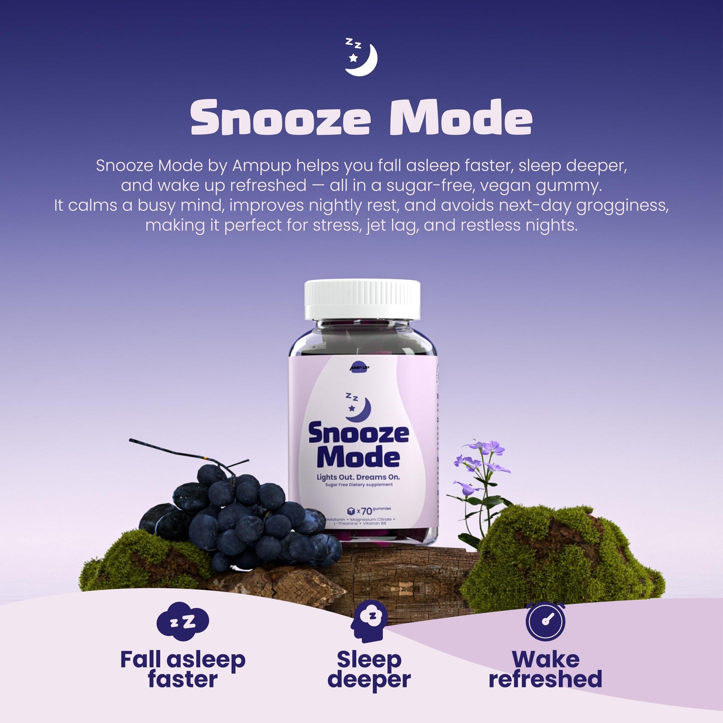 AmpUp Sleep Melatonin Sugar Free Gummies 5mg Melatonin with Magnesium, L-Theanine & Vitamin B6, Nighttime Sleep Support, Vegetarian, Natural Grape Flavor, 140 Gummies