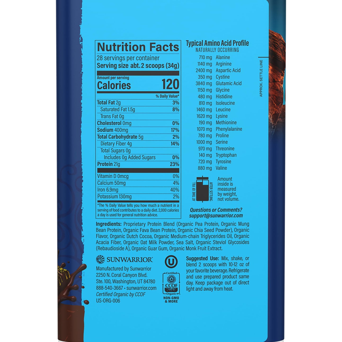 Sunwarrior Organic Plant-Based Protein Powder Dubai Chocolate, 33 Servings