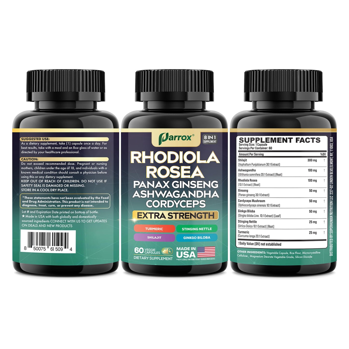 Parrox Rhodiola Rosea Panax Ginseng Ashwagandha Cordyceps Mushroom Turmeric Ginkgo Biloba Stinging Nettle Adaptogen Blend Capsules, 120 Count