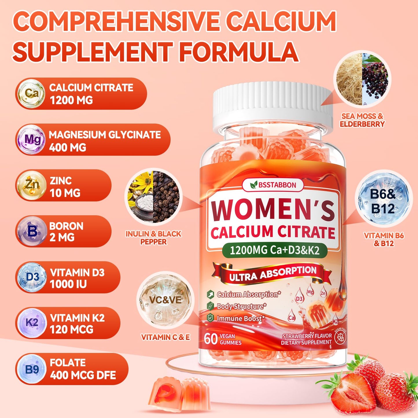 BSSTABBON Calcium Supplements for Women 120 Gummies
