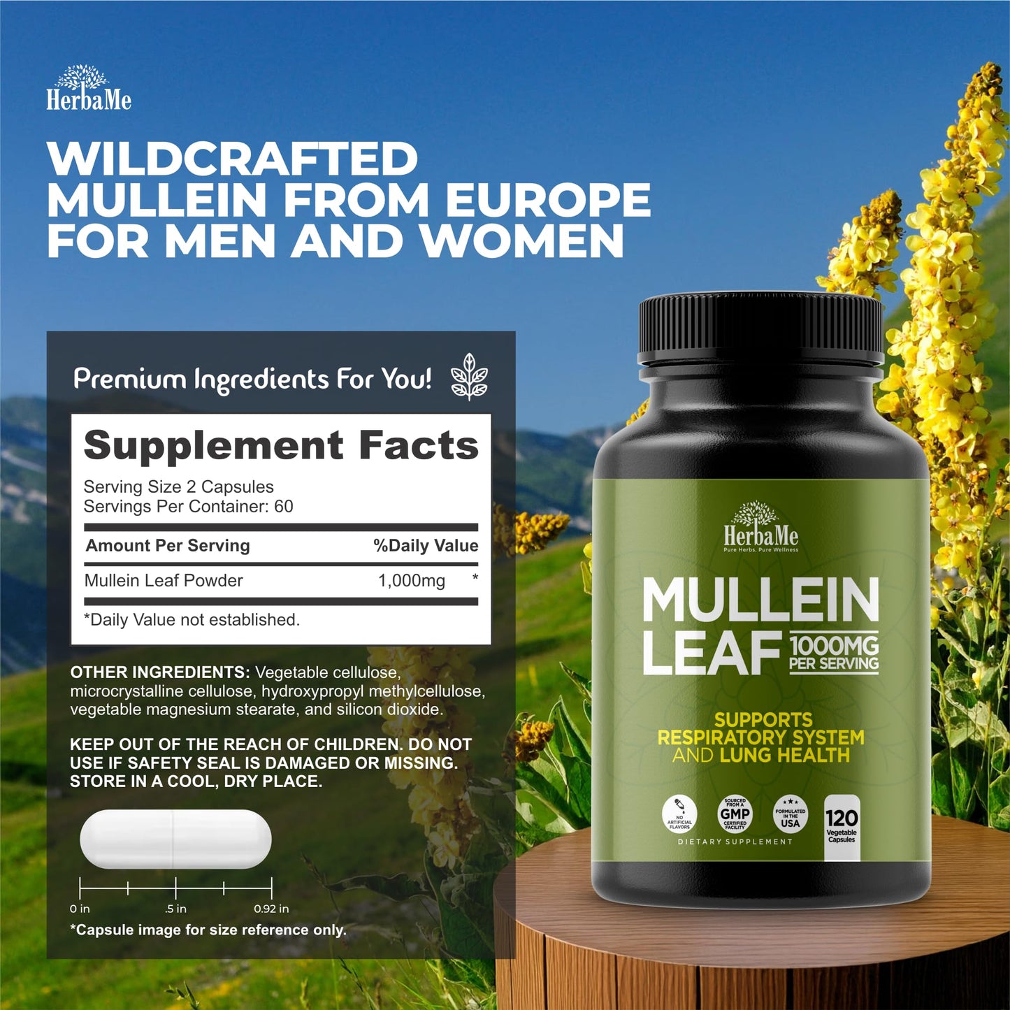 HerbaMe Mullein Leaf 1000mg Capsules, 120 Count