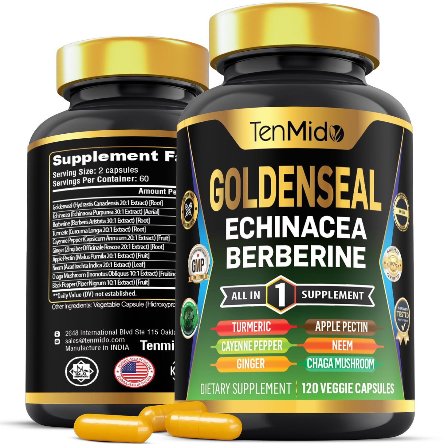 Tenmido Goldenseal Root Supplement 10in1 Formula Capsules 120 Count