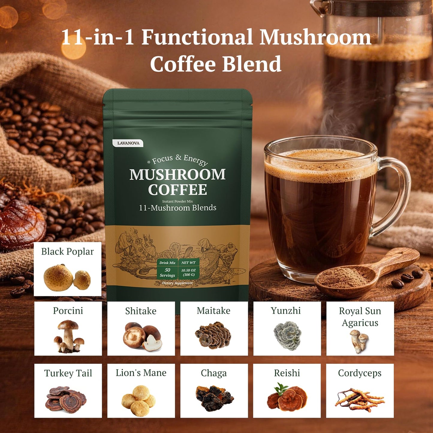 LAVANOVA Mushroom Coffee Powder 10.58 Ounce
