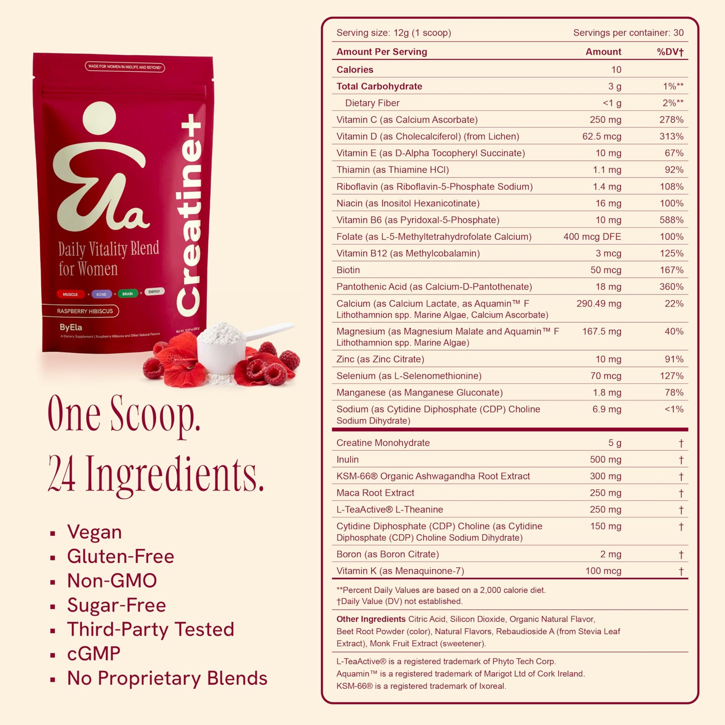 ByEla Creatine for Women Over 40 All-in-One 5g Creatine Monohydrate with Ashwagandha, D3 K2, Citicoline, L-Theanine, B Vitamins for Muscle Bone Brain Energy, Perimenopause Menopause Support Powder 1.06 Ounce