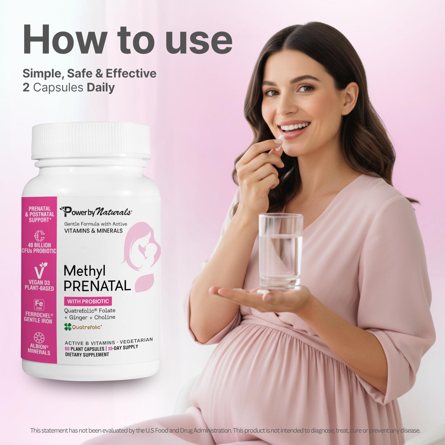 Power By Naturals Methyl Prenatal with Probiotics – Prenatal Vitamins for Women with Iron, Methyl Folate, B12 & 28 Nutrients & Botanicals – Vegan, Non-GMO, Gluten-Free 60 Capsules