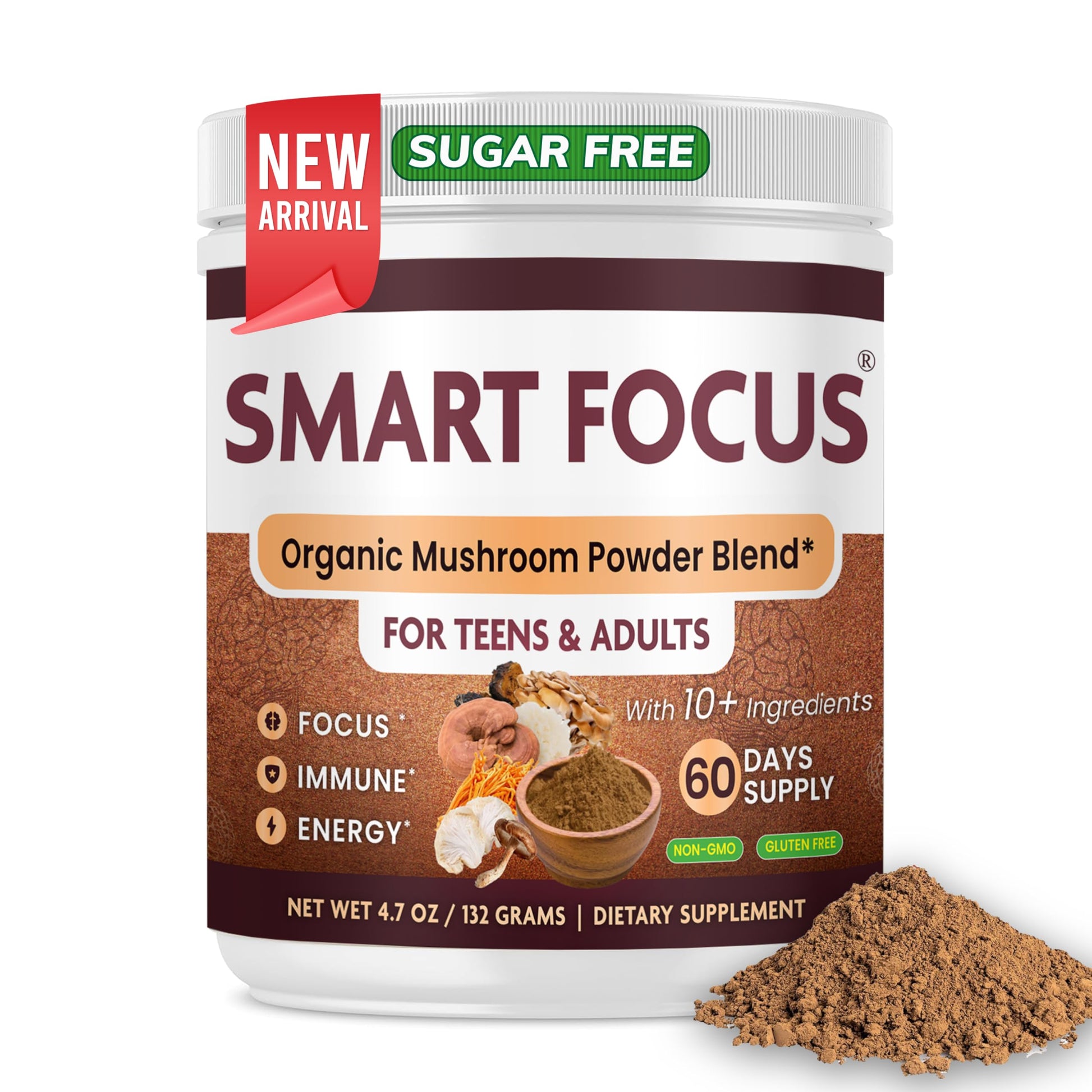 Smart Focus Lion’s Mane Mushroom Powder Organic, Chaga, Reishi & Cordyceps — Mushroom Chocolate Powder — Brain Health & Focus Support — 4 oz