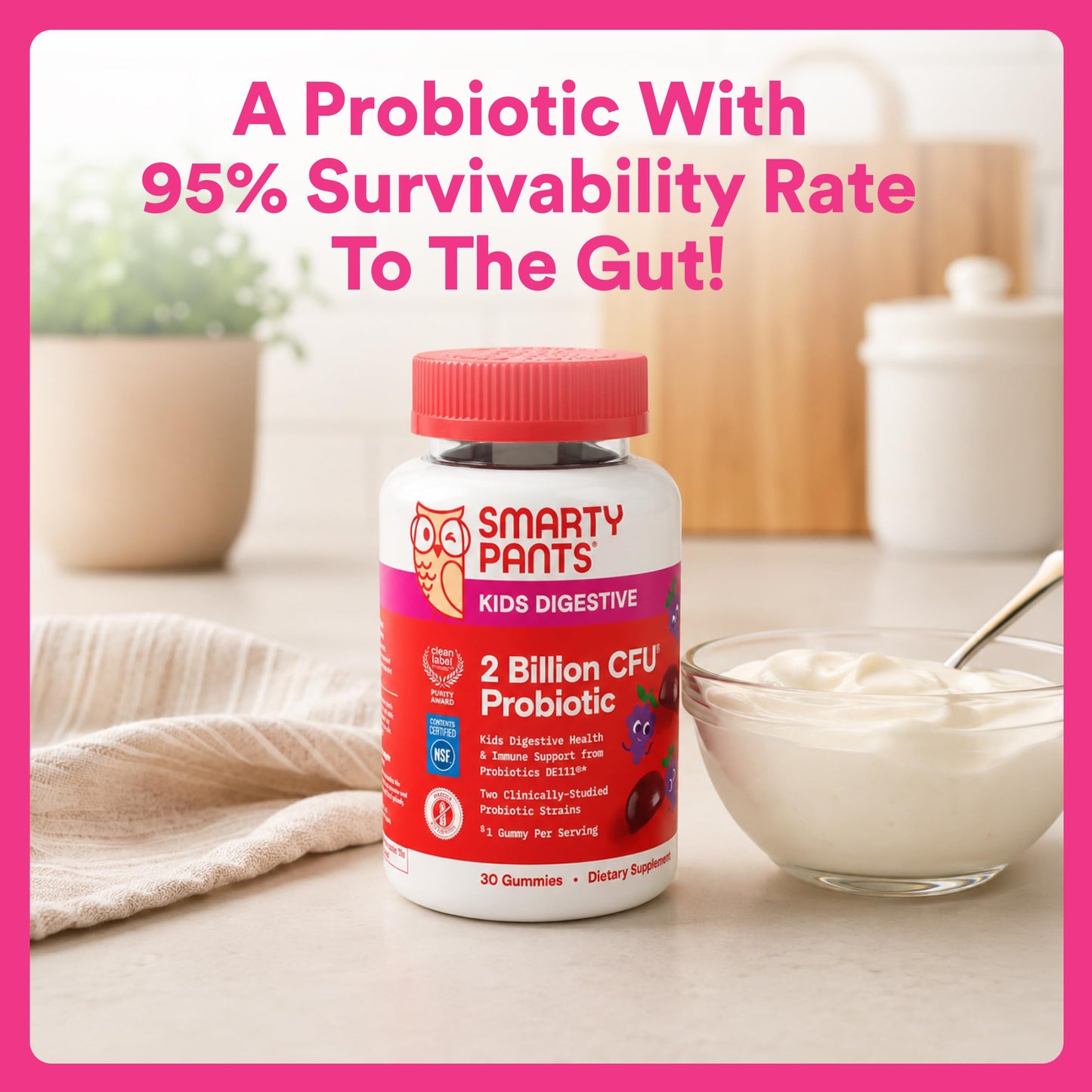 SmartyPants Kids Probiotic Gummies for Digestive Health 2 Billion CFU Gut Health and Immune Support, Clinically Studied Probiotic, Gluten Free, Grape, 1 Count