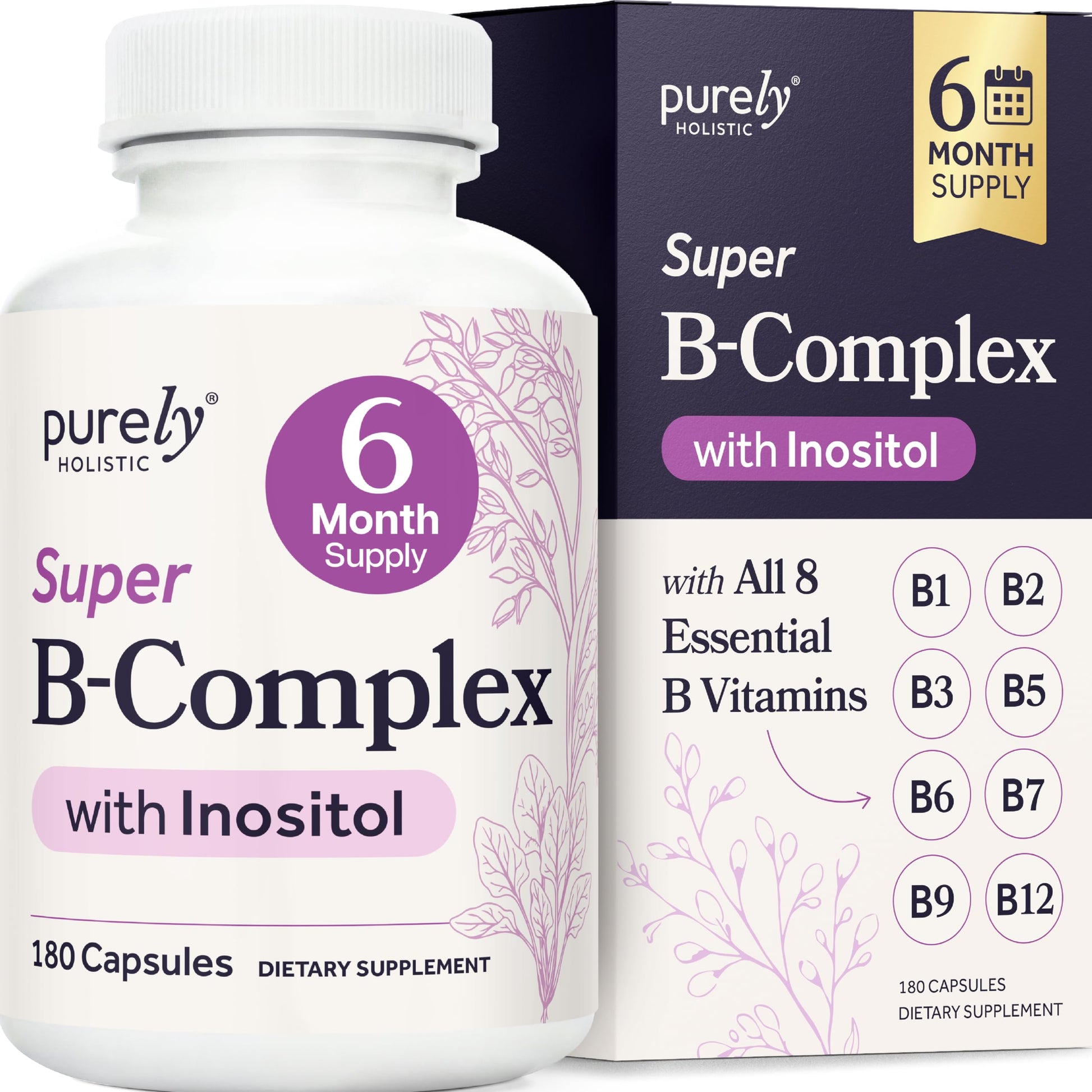 Purely Holistic Vitamin B Complex - 8 Super B Complex Vitamins with Choline & Inositol, B100 Complex, 180 Capsules