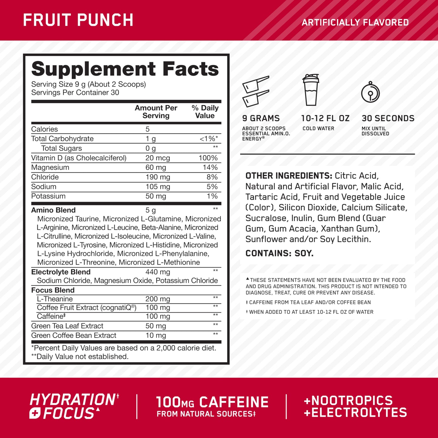 Optimum Nutrition Amino Energy Powder Plus Focus with BCAA, Electrolytes, and Caffeine, Fruit Punch, 9.5 Ounce