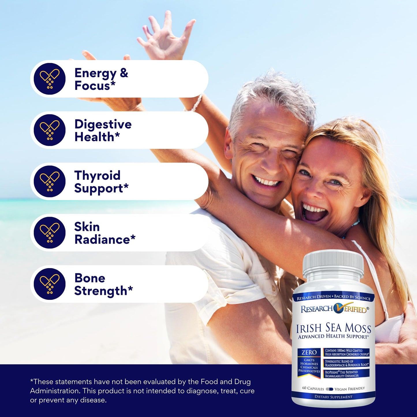 Research Verified Irish Sea Moss with Bladderwrack, Burdock & BioPerine, 60 Capsules