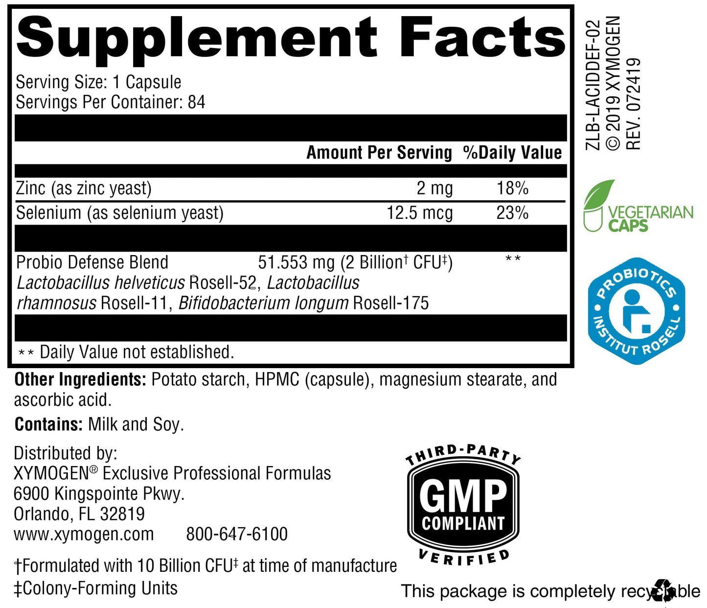 XYMOGEN Probio Defense Daily Probiotic Blend for GI Balance Support Immune & Gut Health Aid 10 Billion CFU Lactobacillus Rhamnosus, Zinc & Selenium Gluten-Free & Non-GMO 84 Capsules