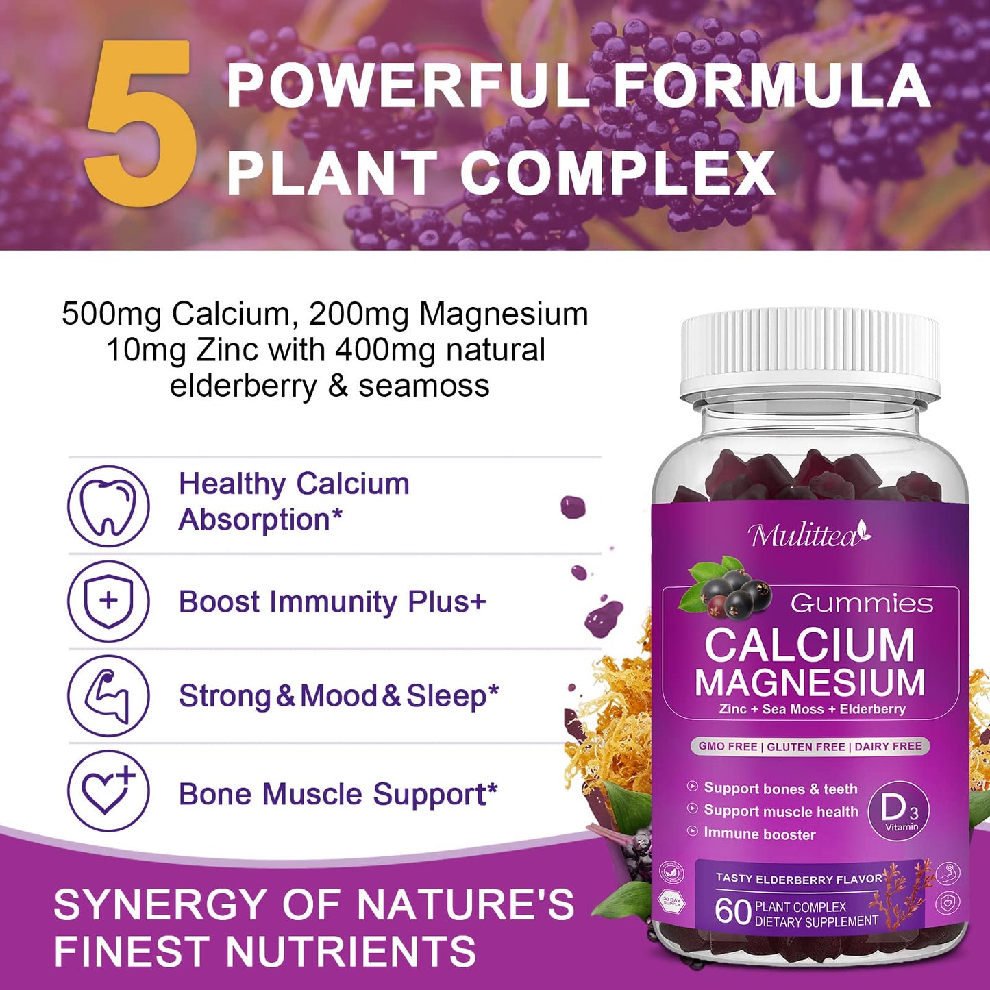 Calcium Magnesium Zinc Gummies with High Absorption Magnesium Glycinate, Potassium -Plant Calcium Supplement w/ D3 & Sea Moss for Bone, Muscles, Calm Mood & Sleep Support- Kids & Adults (2 Pack)