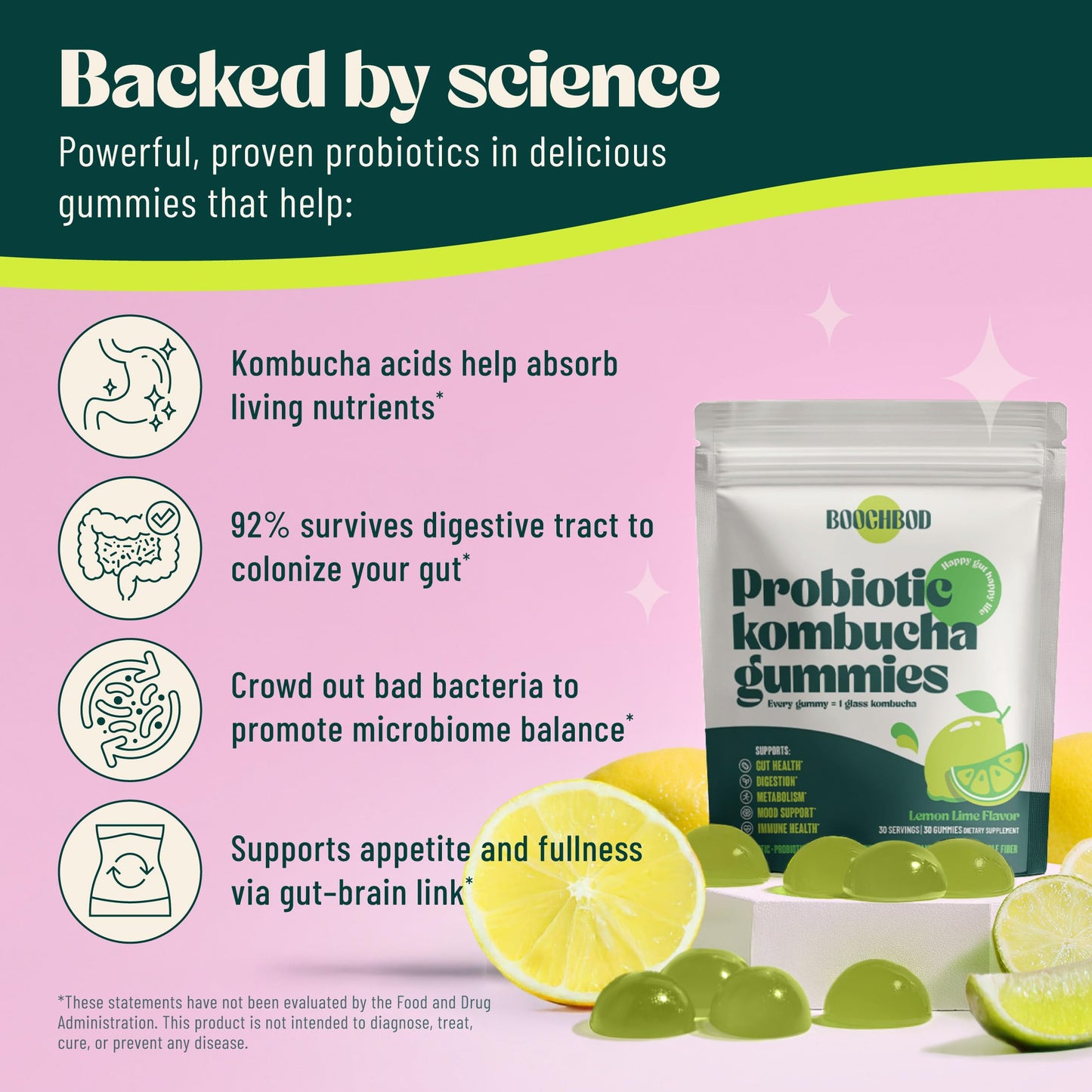 BoochBod Probiotic Kombucha Gummies, 30 Count
