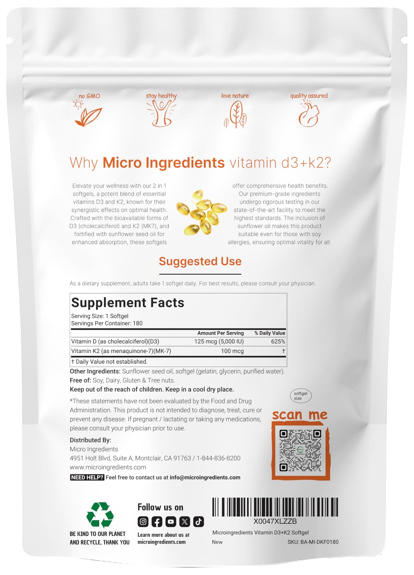 Micro Ingredients Vitamin D3 5000 IU + K2 MK-7 100 mcg Softgels, 180 Count